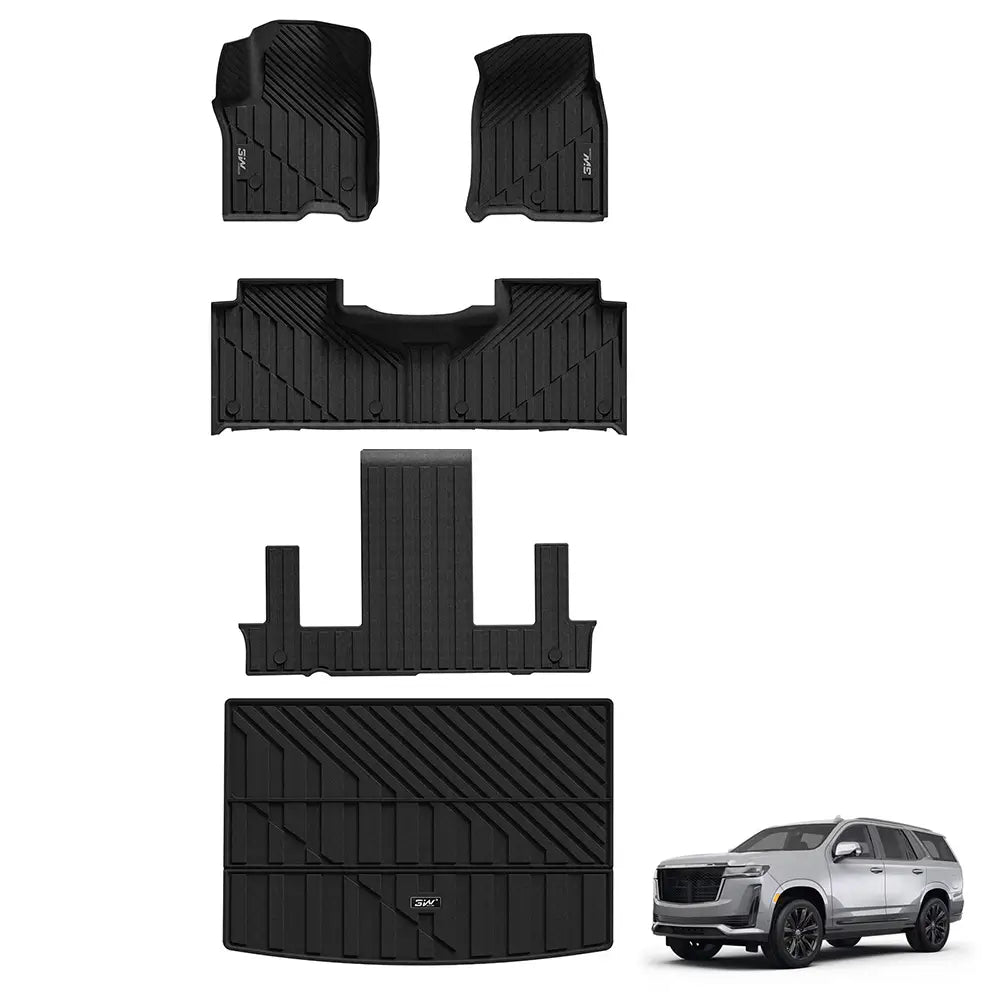 3W All-Weather Custom Floor Mats TPE Car Mars / Trunk Mats for 2021-2025 Chevy Tahoe / GMC Yukon / Cadillac Escalade 7 Seat (Bucket Seating)