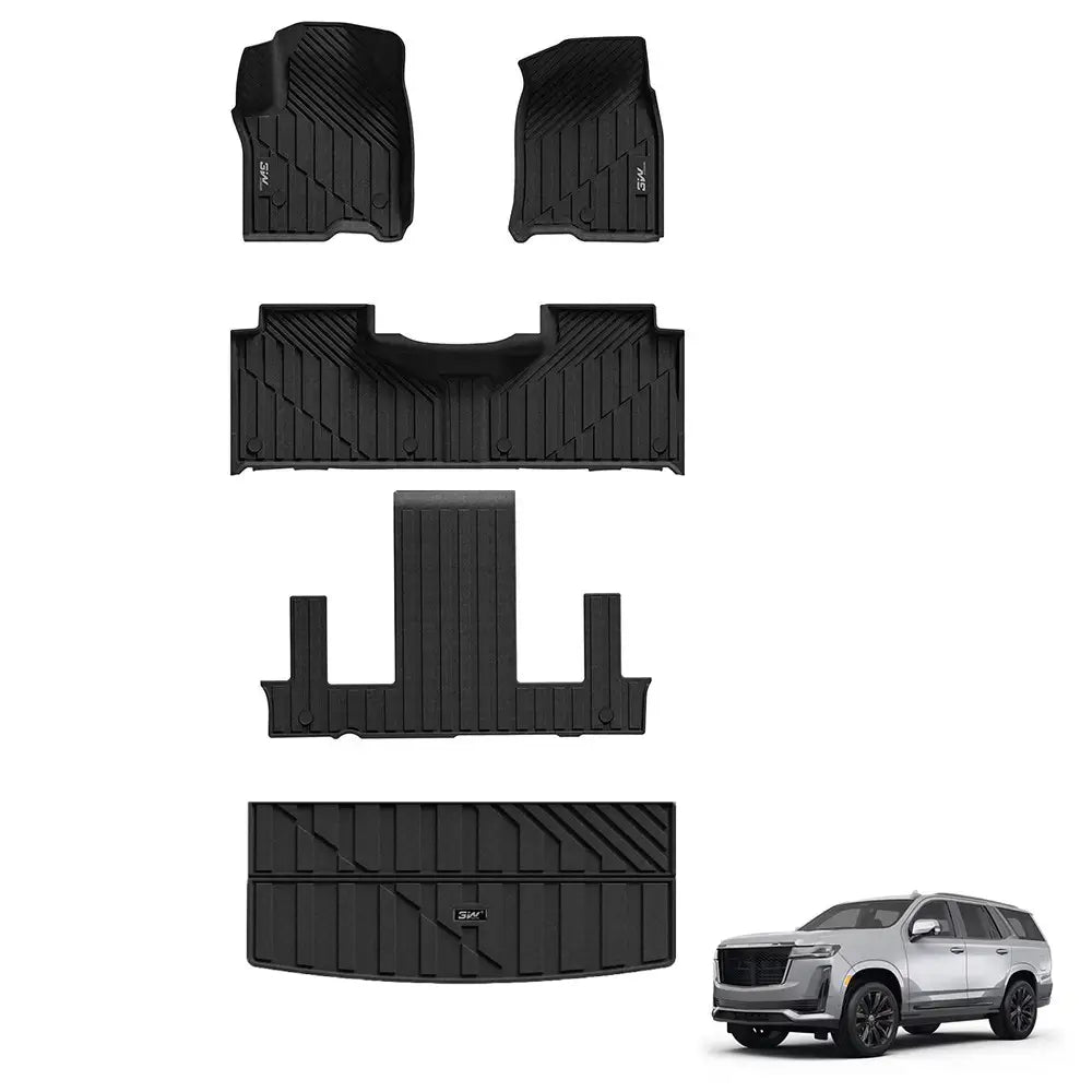 3W All-Weather Custom Floor Mats TPE Car Mars / Trunk Mats for 2021-2025 Chevy Tahoe / GMC Yukon / Cadillac Escalade 7 Seat (Bucket Seating)