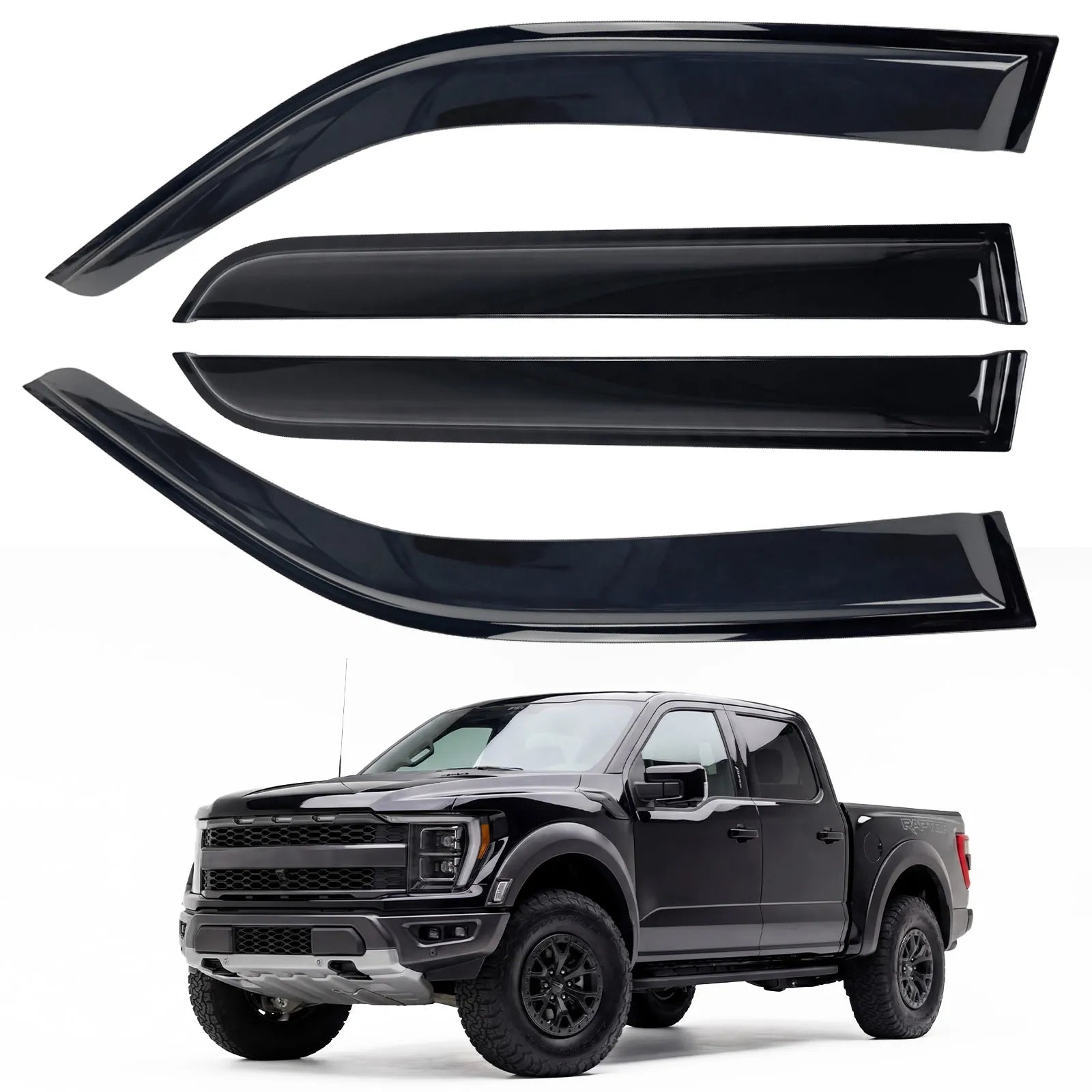 3W Custom Rain Guards for Ford F150 SuperCrew 2015-2026, F-150 Raptor F250 F350 F450 F550 Super Duty Crew Cab 2017-2025 Tape-on Side Window Wind Deflecotr 4PCS - 3Wliners