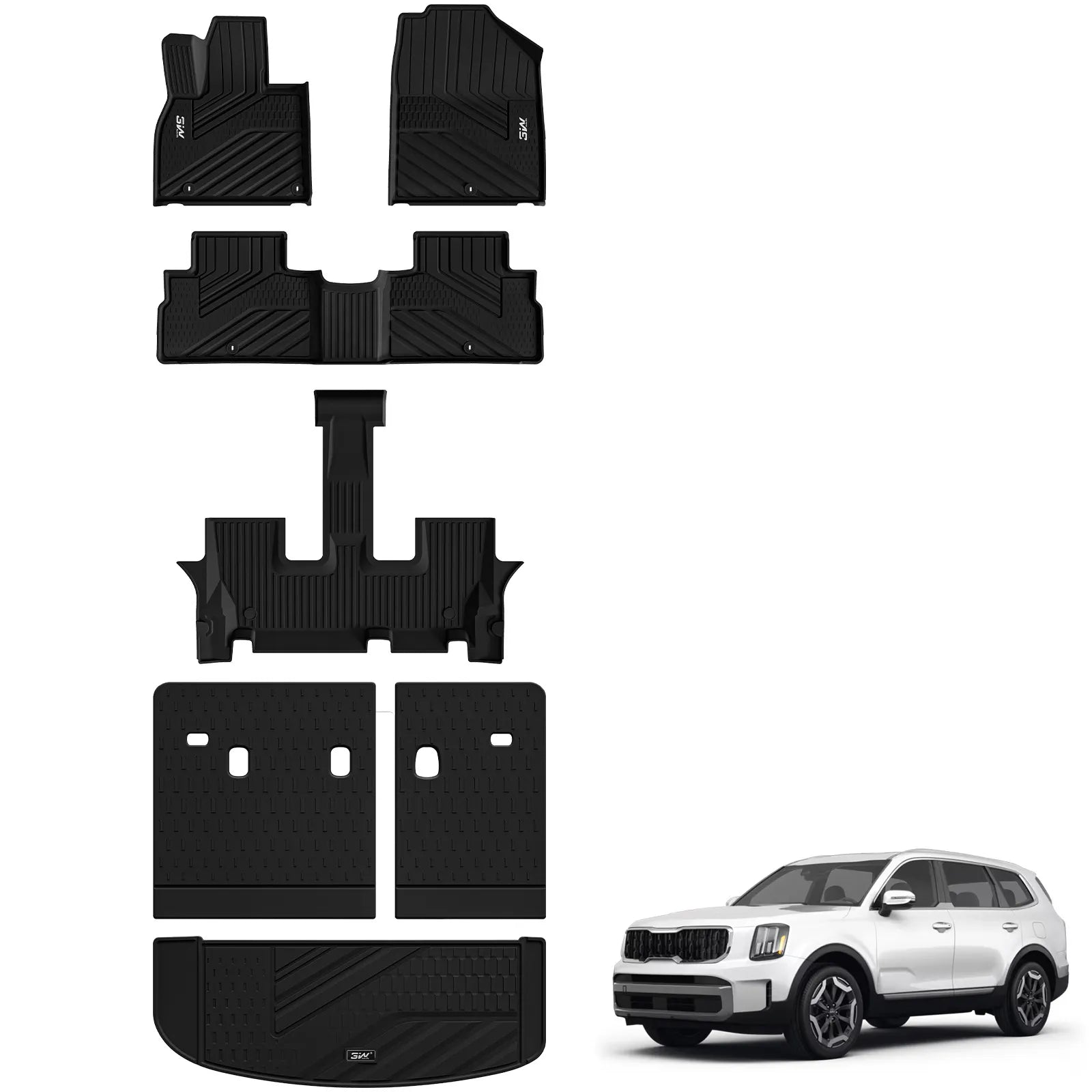 3W Kia Telluride 2020-2025 (Gas Models) Fits 7 & 8 Seat Custom Floor Mats& Cargo Liner Thorex™ All-Weather Protection