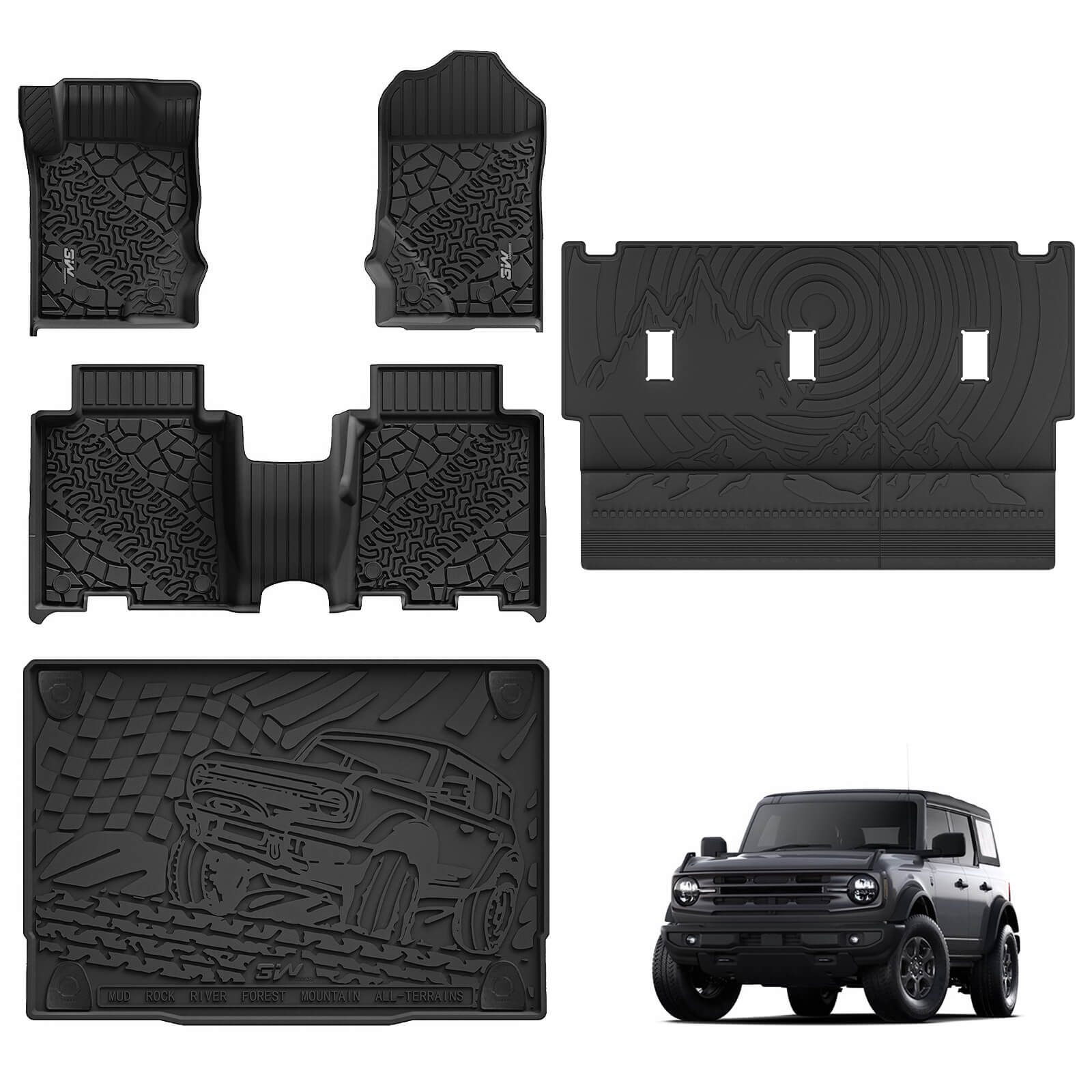 3W Ford Bronco 4-Door 2021-2024 Floor Mats / Trunk Mat TPE Material & All-Weather Protection Vehicles & Parts 3Wliners 2021-2024 Bronco 2021-2024 1st&2nd Row +Trunk Mat+Back Seat Cover
