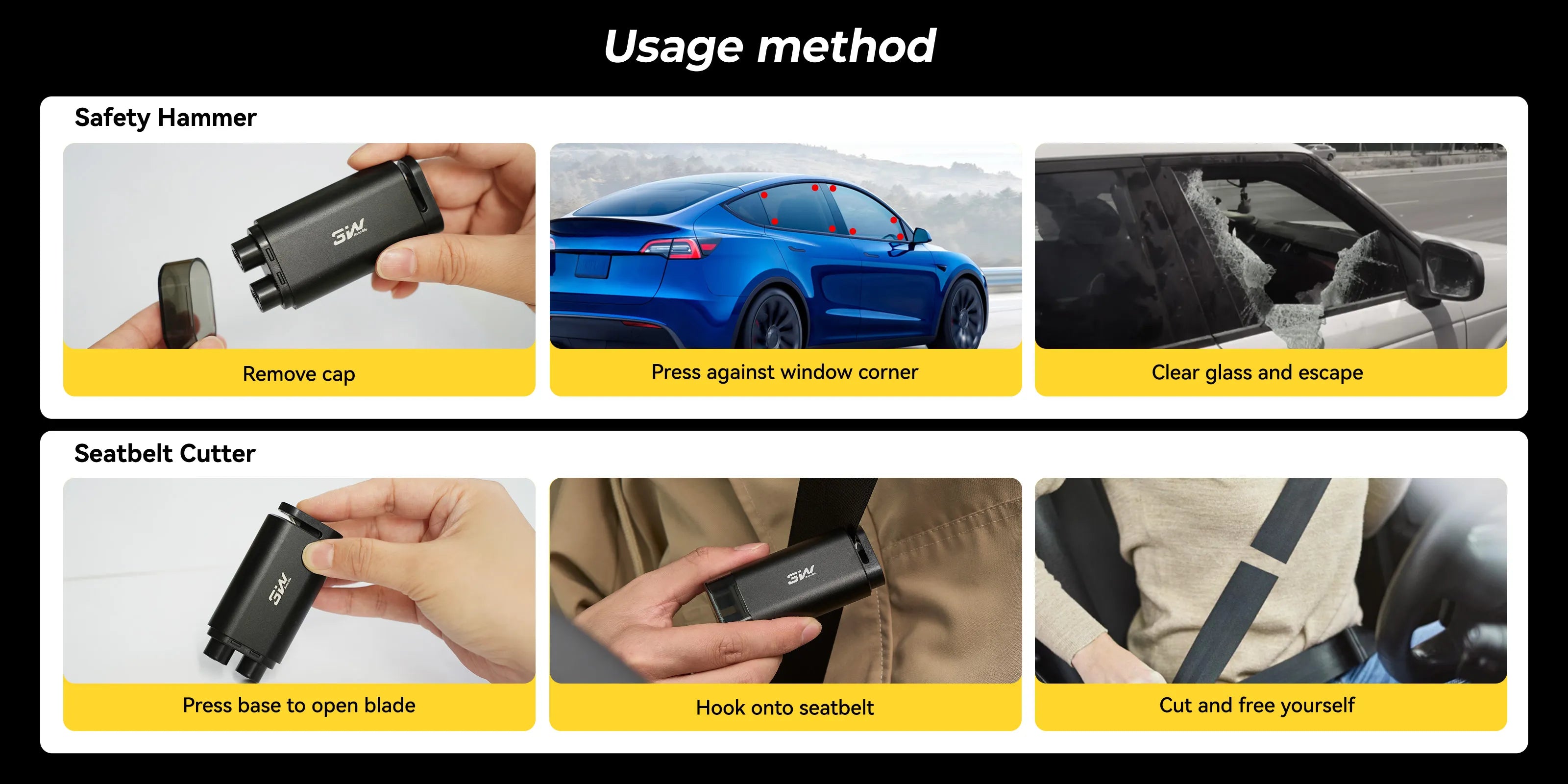 3W  2-in-1  Car Window Hammer Breaker & Seatbelt Cutter with Compact Dual-Head Design Car Accessories Convenient, practical, safe and reliable