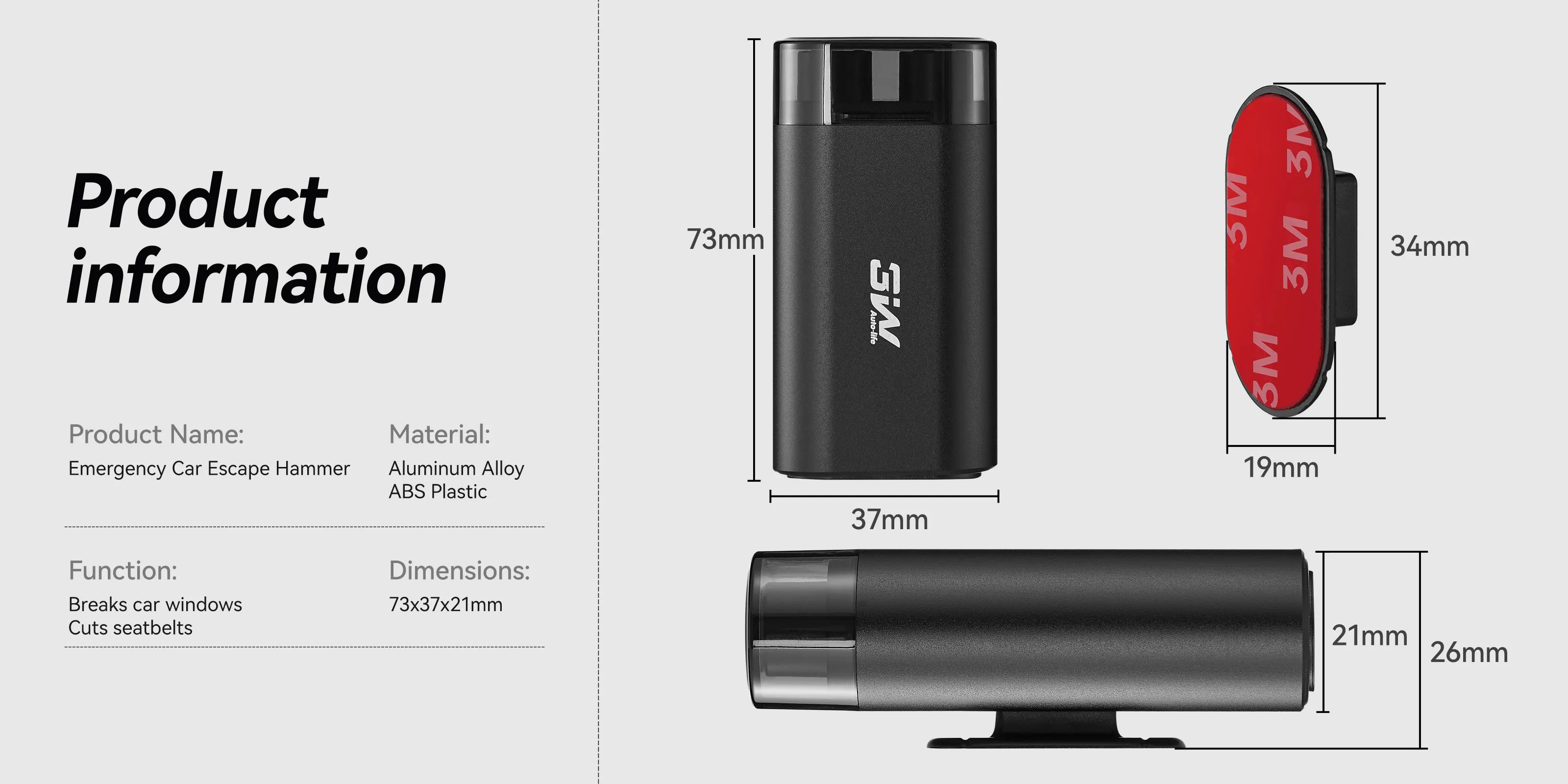 3W  2-in-1  Car Window Hammer Breaker & Seatbelt Cutter with Compact Dual-Head Design Car Accessories Convenient, practical, safe and reliable