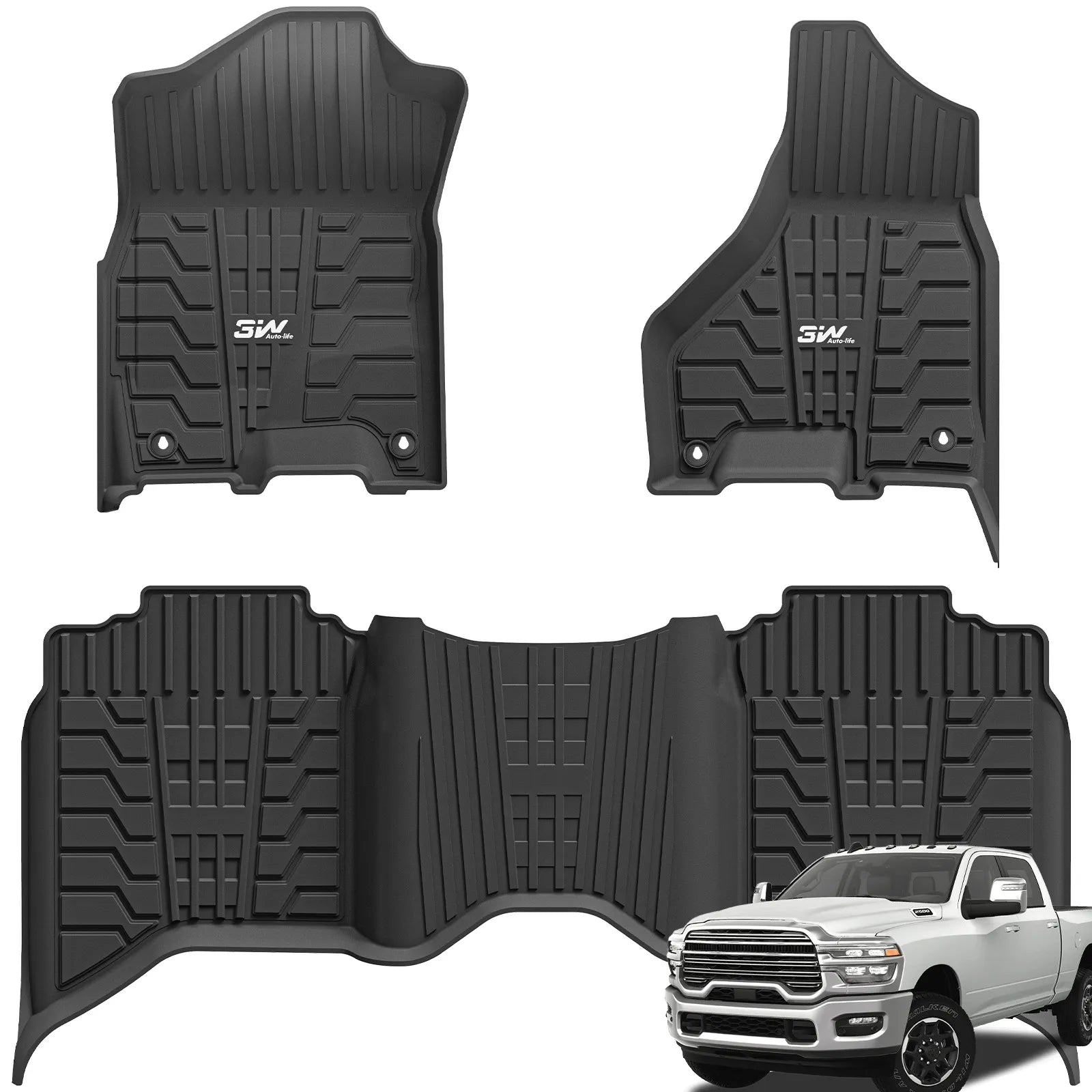 3W Custom Floor Mats for 2019-2025 Dodge Ram 2500/3500 Crew Cab with Bucket Seats (Not for PTO KIT Models) Thorex™ All-Weather Protection