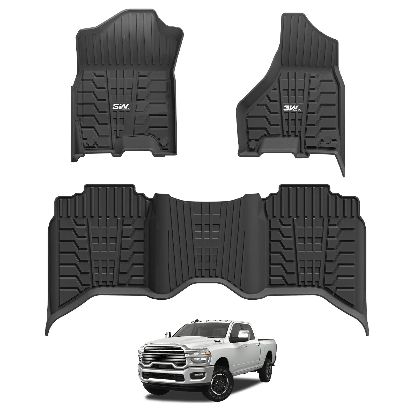 3W Floor Mats for 2019-2025 2026 Ram 2500/3500 Crew Cab with Bucket Seat (Not for PTO KIT Models), All Weather TPE Custom Fit Dodge Ram 2500/3500 Floor Liners 1st & 2nd Row (for Carpet Floor), Black