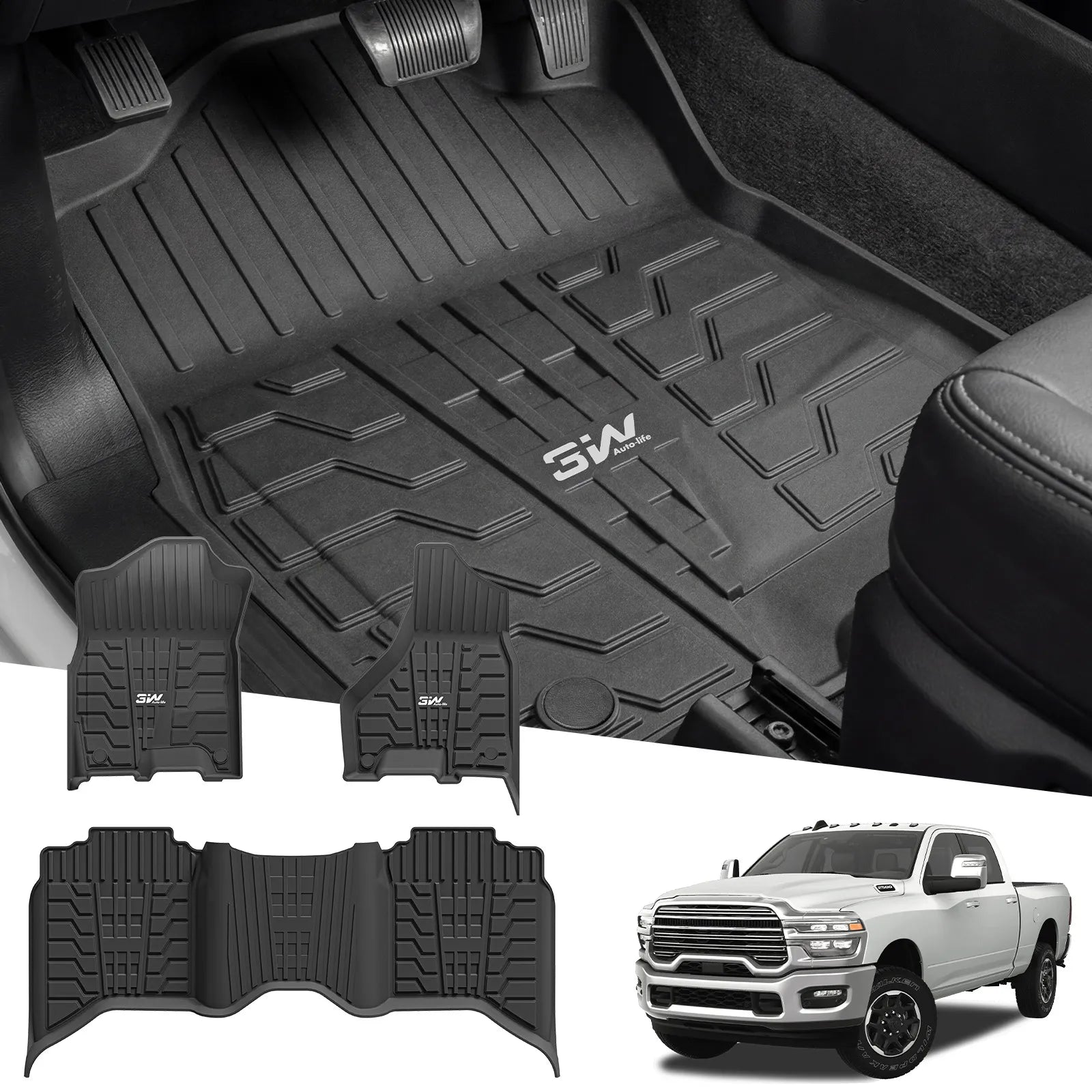 3W Floor Mats for 2019-2025 2026 Ram 2500/3500 Crew Cab with Bucket Seat (Not for PTO KIT Models), All Weather TPE Custom Fit Dodge Ram 2500/3500 Floor Liners 1st & 2nd Row (for Carpet Floor), Black
