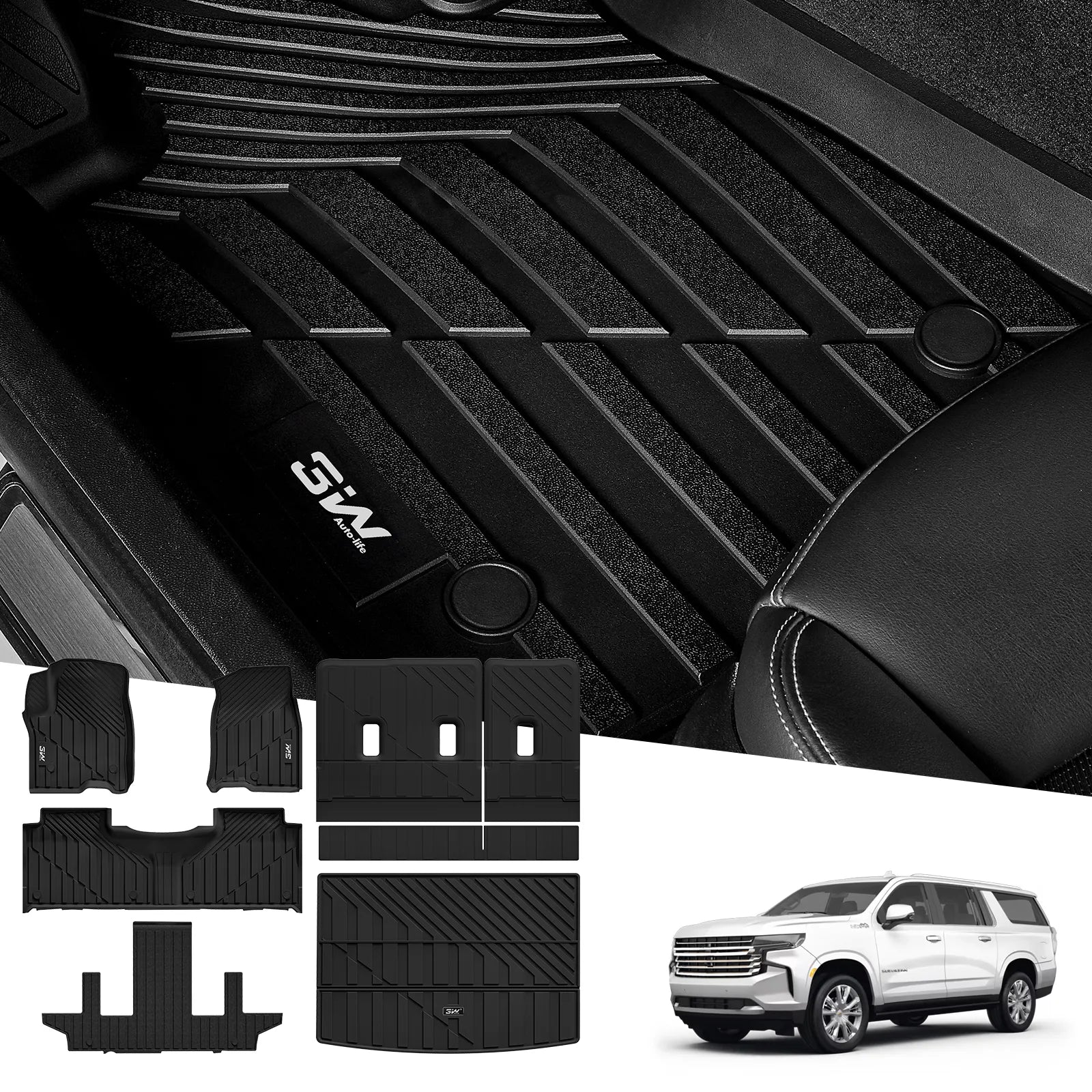 3W Floor Mats & Cargo Mat & Seat Back Mats for 2021-2026（Only 7 Seats） Chevy Suburban/GMC Yukon XL(Only Yukon XL, Not Fit Yukon)/Cadillac Escalade ESV(Not Escalade),All Weather Car Mats, Black TPE Car Mats