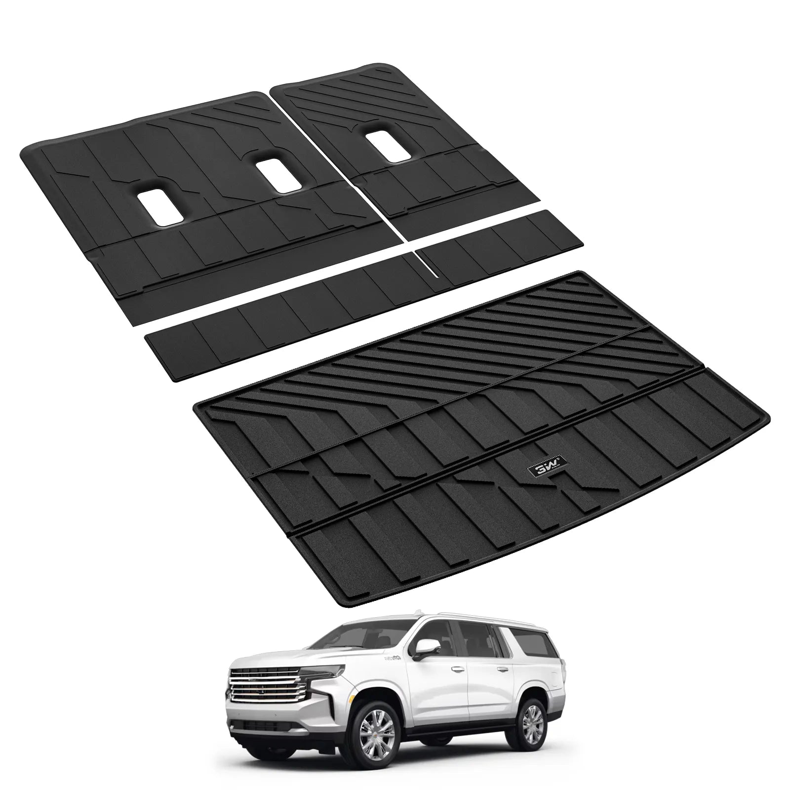 3W Cargo Mat & Seat Back Protector for 2021-2026（Only 7 Seats） Chevy Suburban/GMC Yukon XL(Only Yukon XL, Not Fit Yukon)/Cadillac Escalade ESV(Not Escalade),All Weather Car Mats, Black, TPE Car Mats