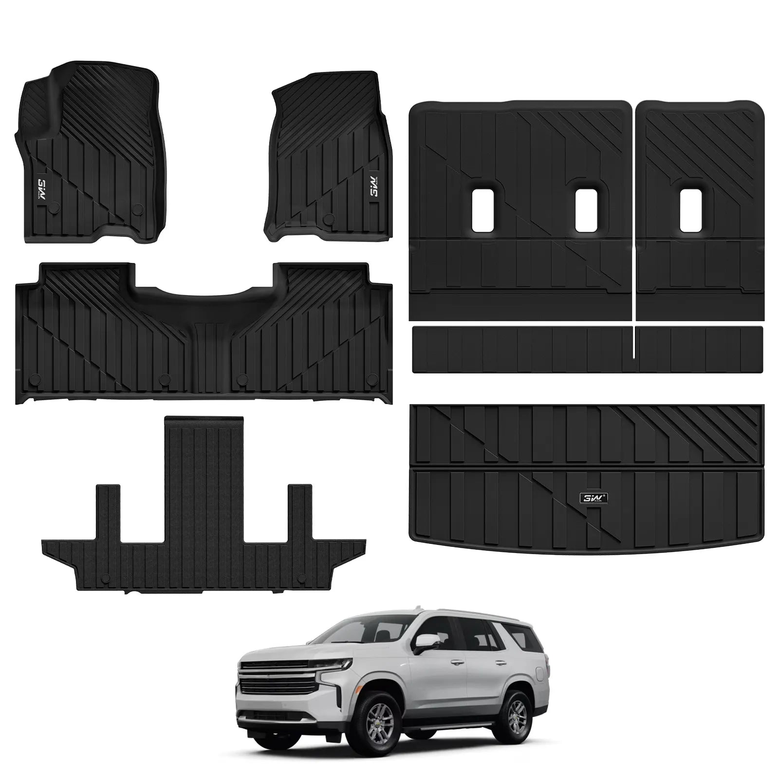 3W Floor Mats & Cargo Liner & Seat Back Protector for 2021-2026 (Only 7 Seats) Chevrolet Chevy Tahoe/GMC Yukon (Not Fit Yukon XL)/Cadillac Escalade (Not Fit Escalade ESV),All Weather Full Set TPE Car Mats