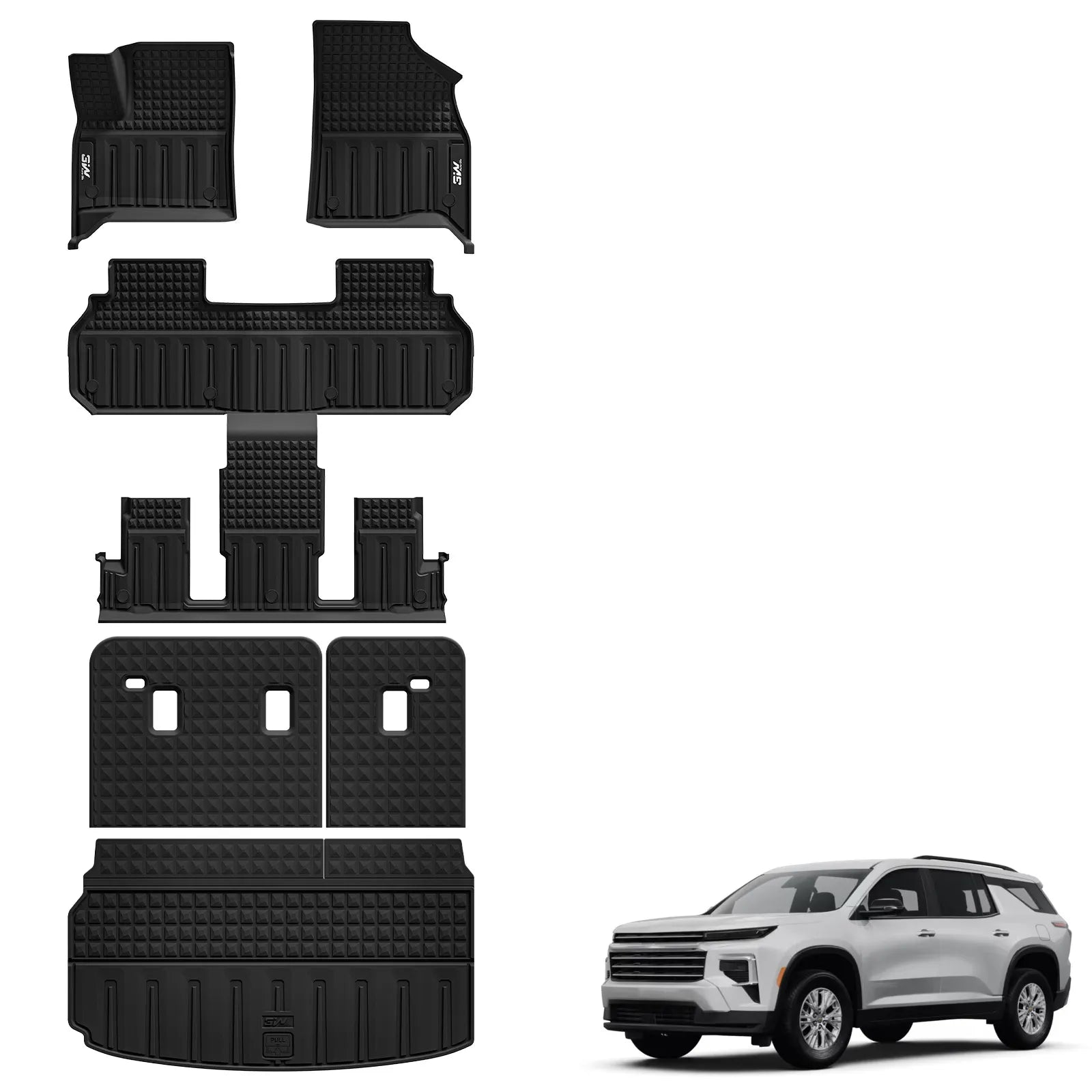 3W Floor Mats Cargo Liner Seat Back Protector Fit Chevrolet Traverse/GMC Acadia/Acadia Denali 2024-2025 2026 /Buick Enclave 2025-2026 Full Set All Weather Protection
