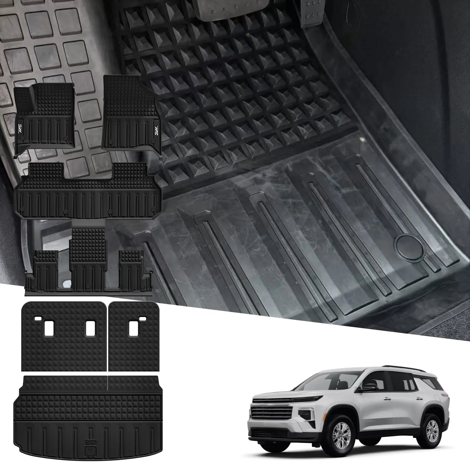 3W Floor Mats Cargo Liner Seat Back Protector Fit Chevrolet Traverse/GMC Acadia/Acadia Denali 2024-2025 2026 /Buick Enclave 2025-2026 Full Set All Weather Protection