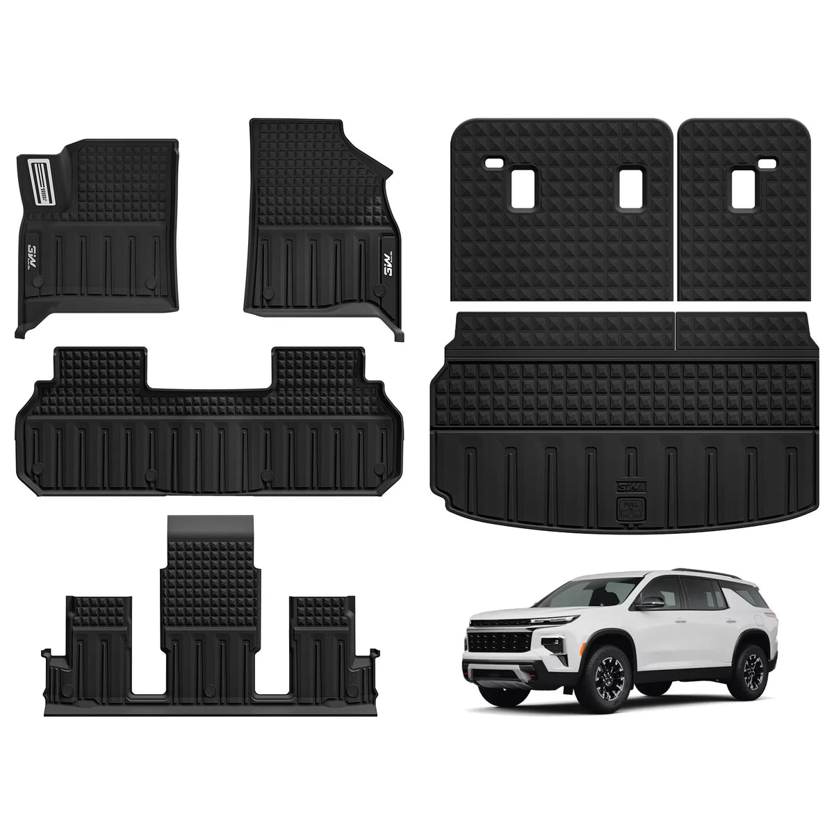 3W Floor Mats Cargo Liner Seat Back Protector Fit Chevrolet Traverse/GMC Acadia/Acadia Denali 2024-2025 2026 /Buick Enclave 2025-2026 Full Set All Weather Protection