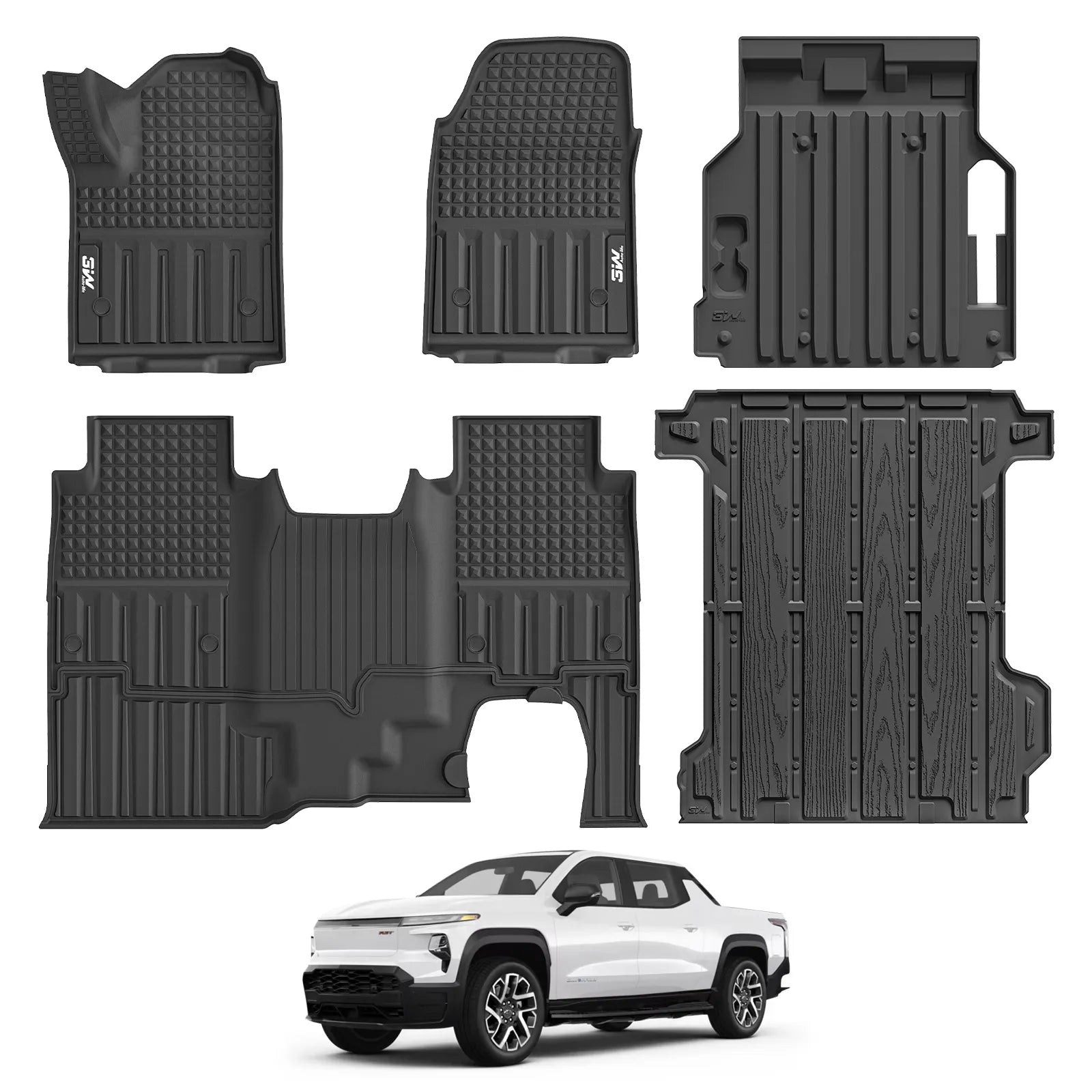 3W Floor Mats Fit for Chevrolet Silverad EV 2024-2025 (WT & RST)/GMC Sierra EV/Sierra EV Denali Accessories TPE All Weather 1st and 2nd Row Car Mats Bed Mat Front Trunk Mat Set