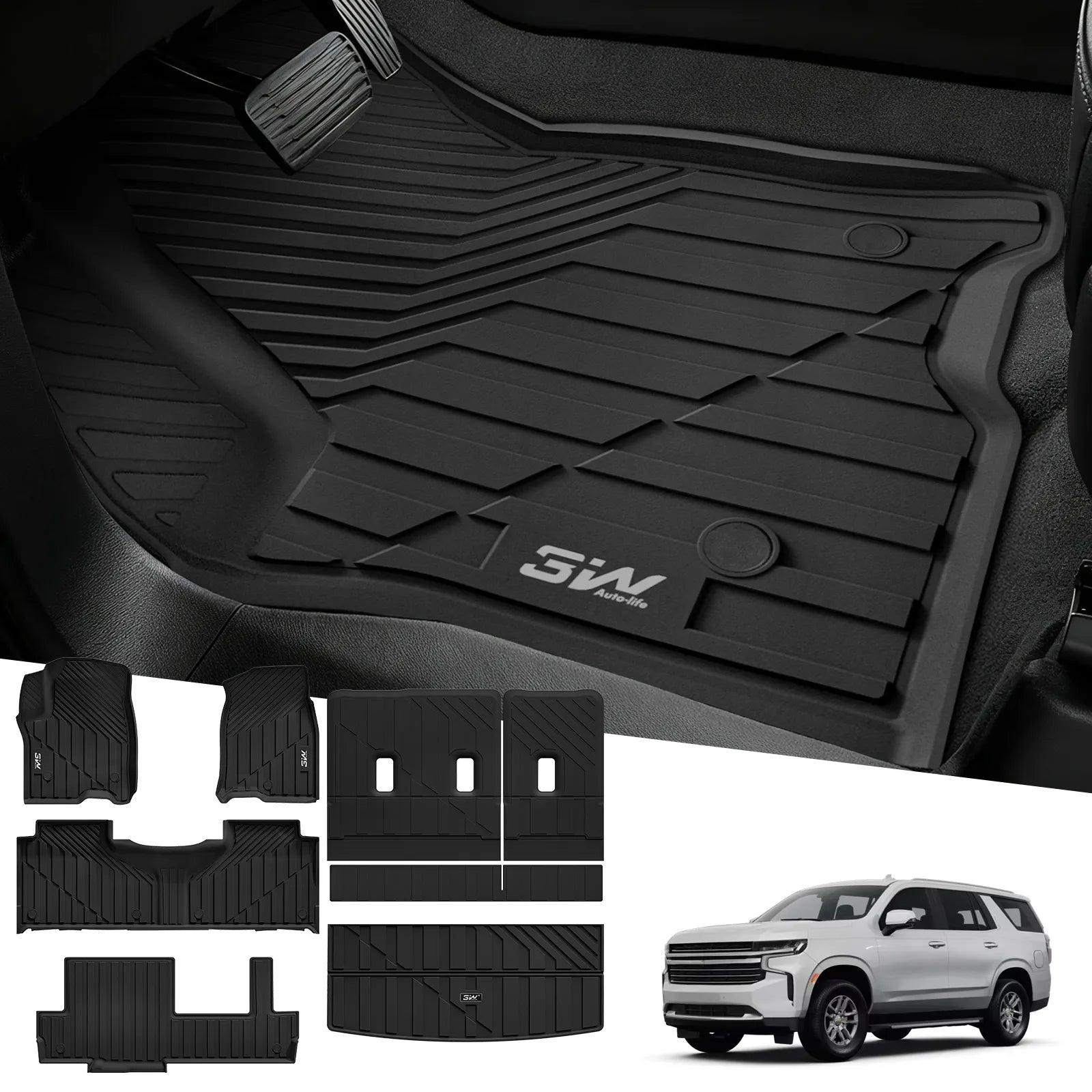 3W Floor Mats & Cargo Liner & Seat Back Protector for 2021-2026 （Only 8 Seats） Chevrolet Chevy Tahoe/GMC Yukon(Not Fit Yukon XL)/Cadillac Escalade(Not Fit Escalade ESV),All Weather TPE Car Mats