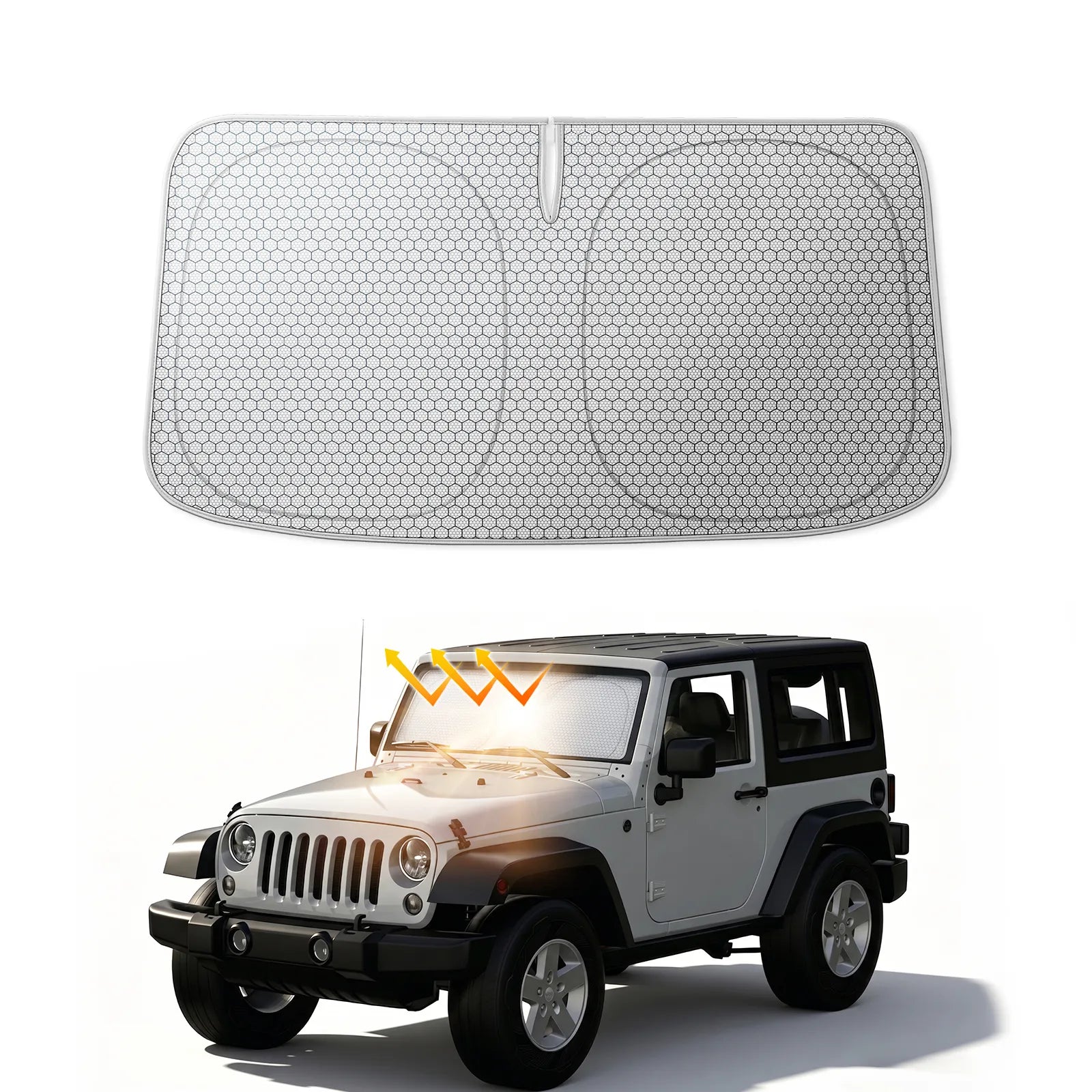3W Graphene Car Windshield Sun Shade, Fit for Jeep Wrangler
Gladiator/ Ford Bronco Advanced Heat Dissipation Fabric Car Window Shades, Blocks 99% UV & Infrared Rays(60" L x 21" W)