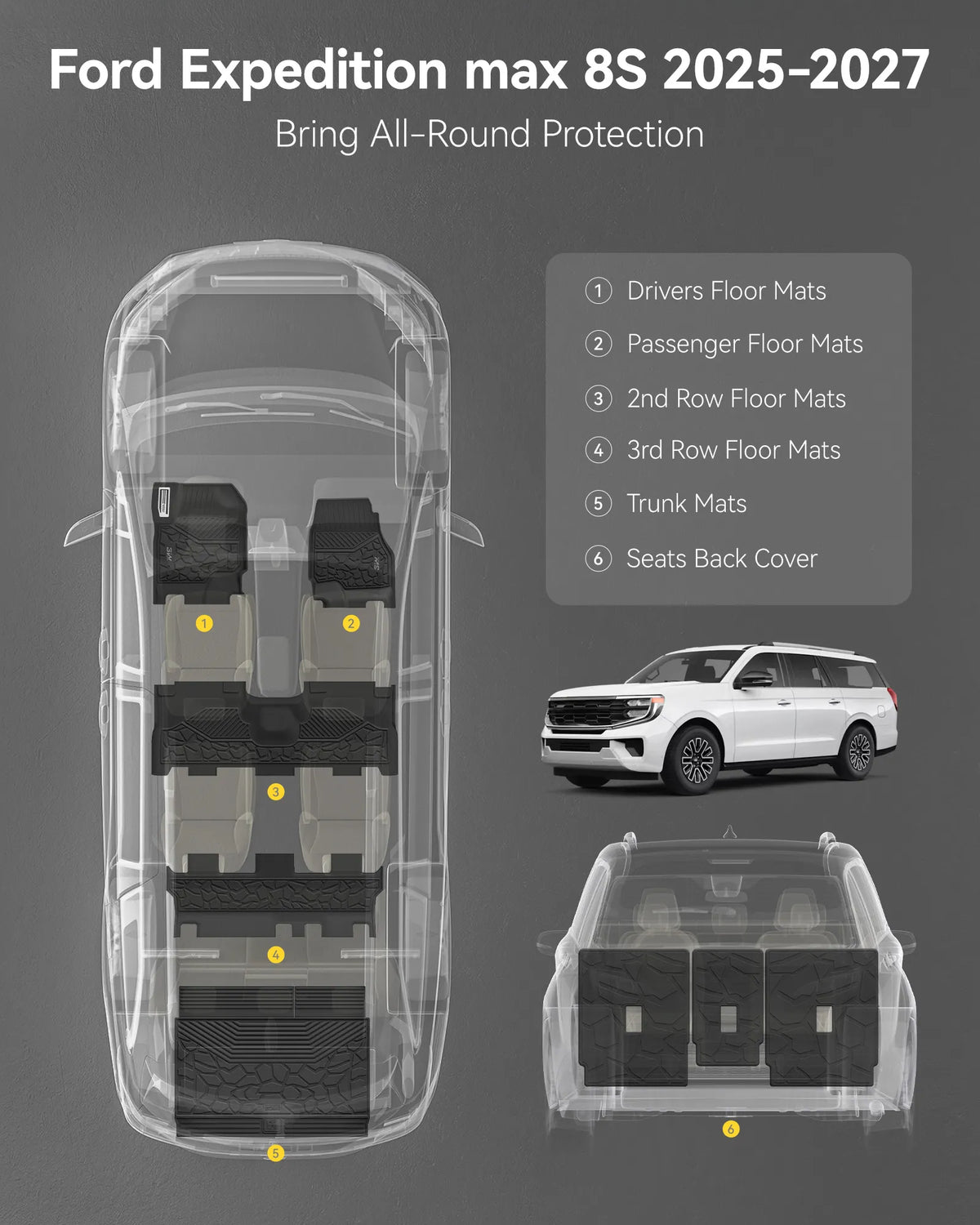 3W Floor Mats & Cargo Liner & Seat Back Mats for 2025 2026 Ford Expedition Max Bench Seating 8 Seats, All Weather for 2025 2026 Ford Expedition Max (Not fit 7 Seats) Full Set Floor Mats (Only MAX)