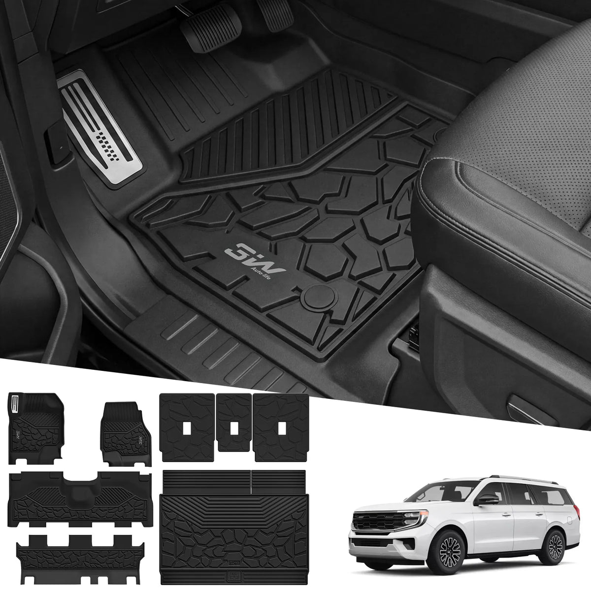 3W Floor Mats & Cargo Liner & Seat Back Mats for 2025 2026 Ford Expedition Max Bench Seating 8 Seats, All Weather for 2025 2026 Ford Expedition Max (Not fit 7 Seats) Full Set Floor Mats (Only MAX)