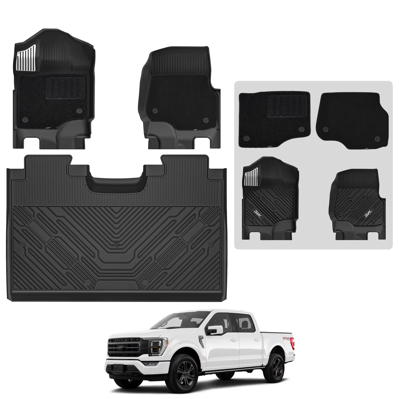 3W Floor Mats (with Metal Pedals) & Carpets for Ford F-150 2015-2026 & F150 Lightning 2022-2025 SuperCrew (w/o Fold Flat Storage), TPE All Weather Front & Rear 3PCS | Heavy Duty, Easy Clean - Black