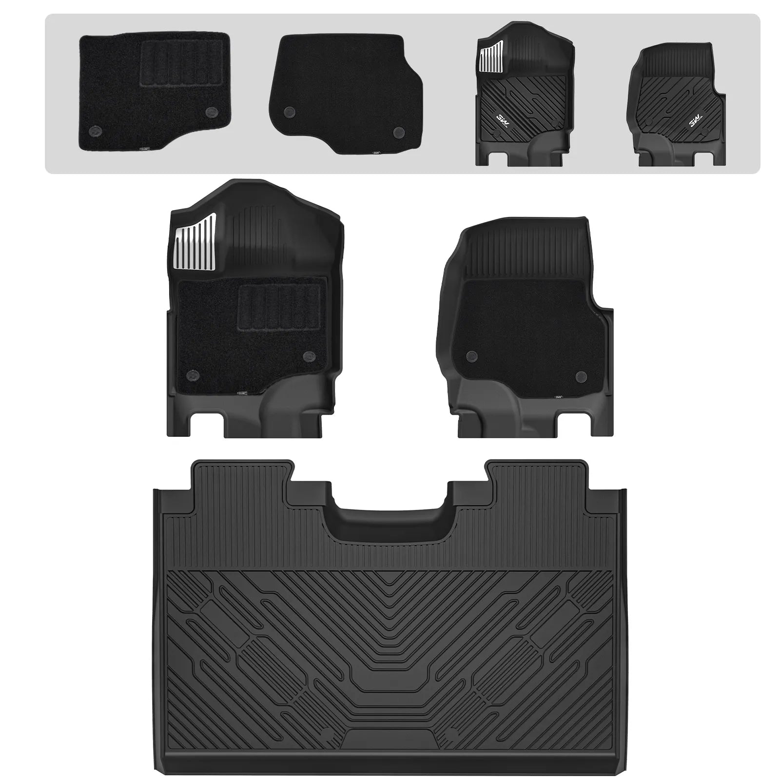 3W Floor Mats (with Metal Pedals) & Carpets for Ford F-150 2015-2026 & F150 Lightning 2022-2025 SuperCrew (w/o Fold Flat Storage), TPE All Weather Front & Rear 3PCS | Heavy Duty, Easy Clean - Black