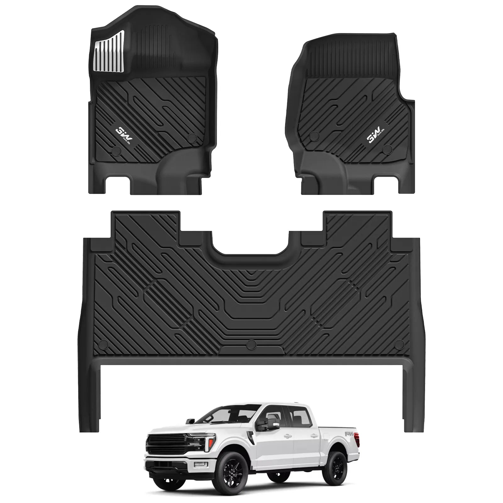 3W Floor Mats (with Metal Pedals) for Ford F-150 2015-2026 & F150 Lightning 2022-2025 SuperCrew (w/o Fold Flat Storage), TPE All Weather Custom Fit, Front & Rear 3PCS | Heavy Duty, Easy Clean - Black