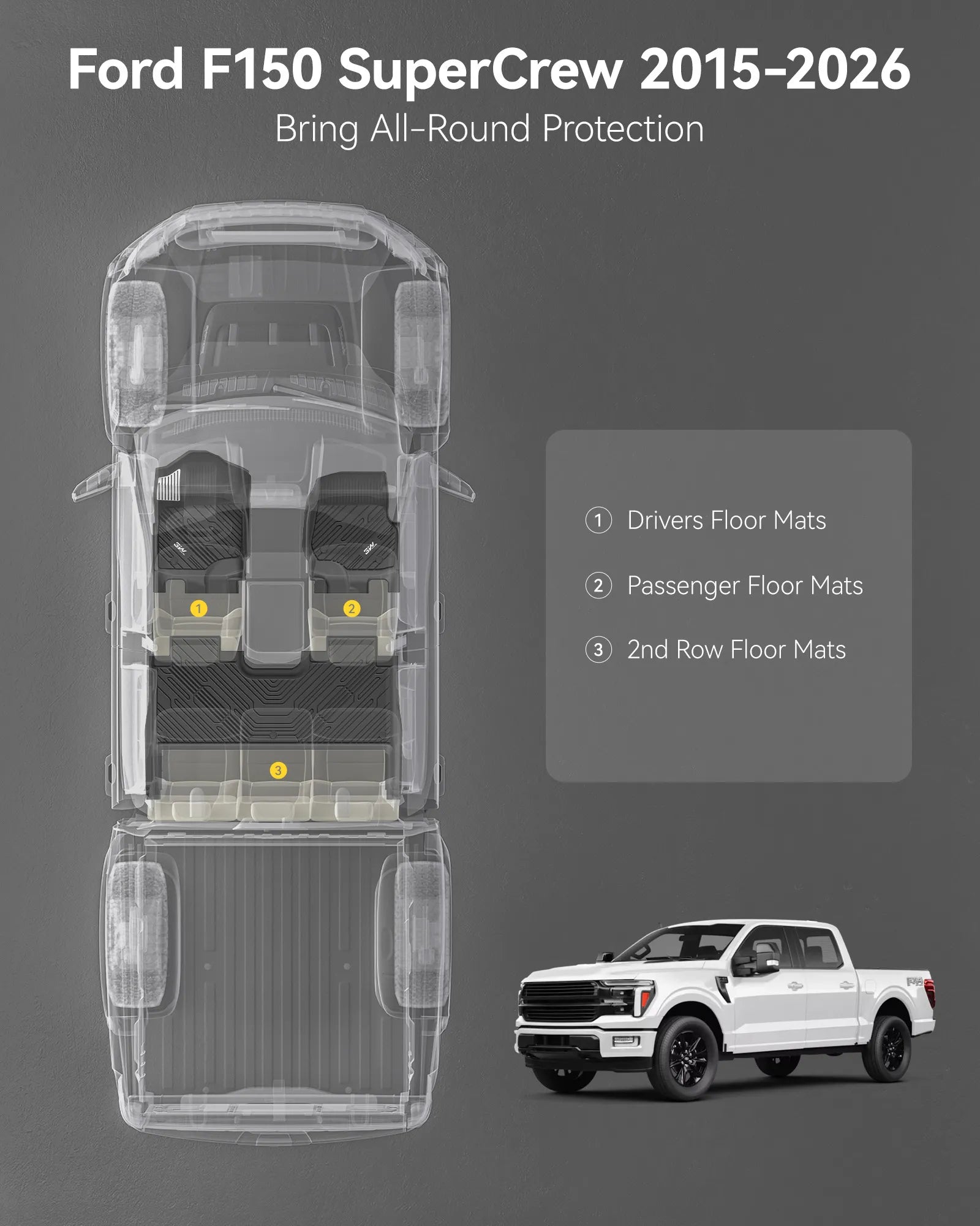 3W Floor Mats (with Metal Pedals) for Ford F-150 2015-2026 & F150 Lightning 2022-2025 SuperCrew (w/o Fold Flat Storage), TPE All Weather Custom Fit, Front & Rear 3PCS | Heavy Duty, Easy Clean - Black