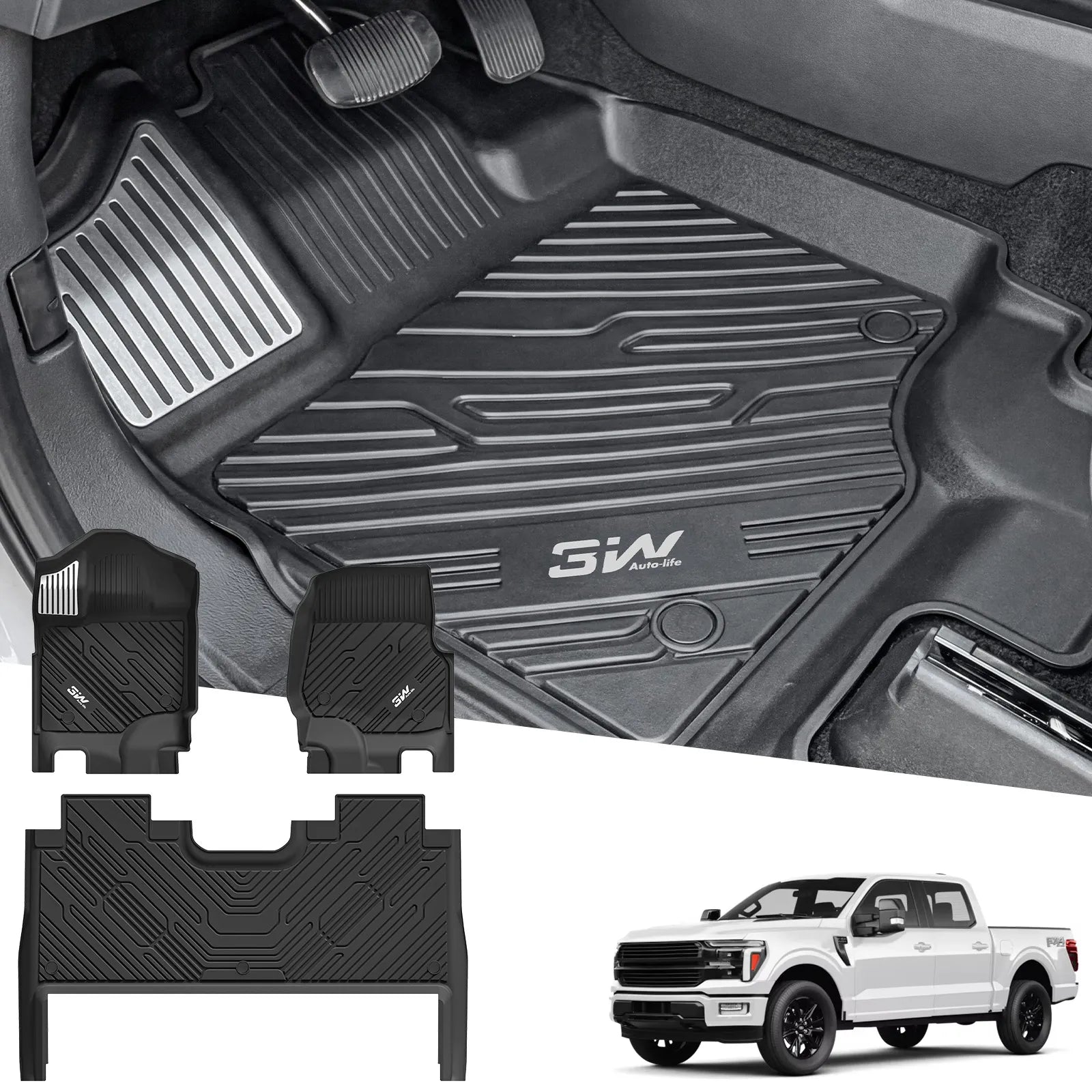 3W Floor Mats (with Metal Pedals) for Ford F-150 2015-2026 & F150 Lightning 2022-2025 SuperCrew (w/o Fold Flat Storage), TPE All Weather Custom Fit, Front & Rear 3PCS | Heavy Duty, Easy Clean - Black