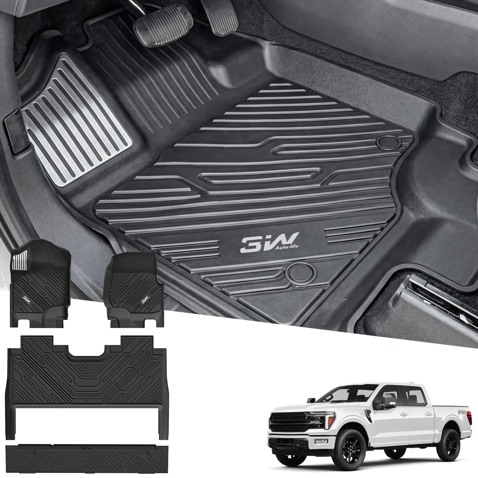3W Floor Mats (with Metal Pedals) & Storage Box Mat Fit for Ford F-150 2015-2026 & F150 Lightning 2022-2025 SuperCrew, TPE All Weather Car Mats Custom Fit Accessories