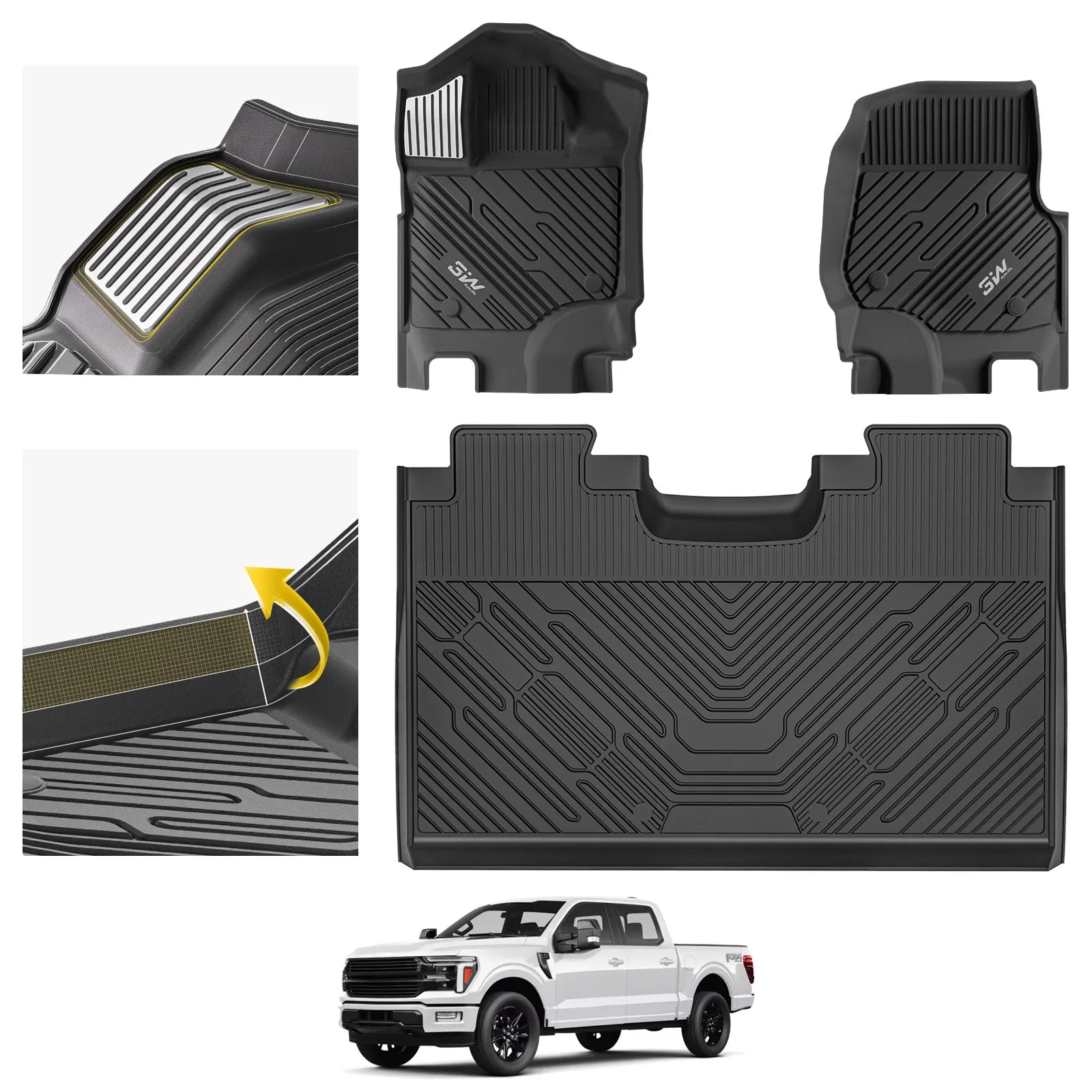 3W Floor Mats (with Metal Pedals) for Ford F-150 2015-2026 & F150 Lightning 2022-2025 SuperCrew (w/o Fold Flat Storage), TPE All Weather Custom Fit, Front & Rear 3PCS | Heavy Duty, Easy Clean - Black