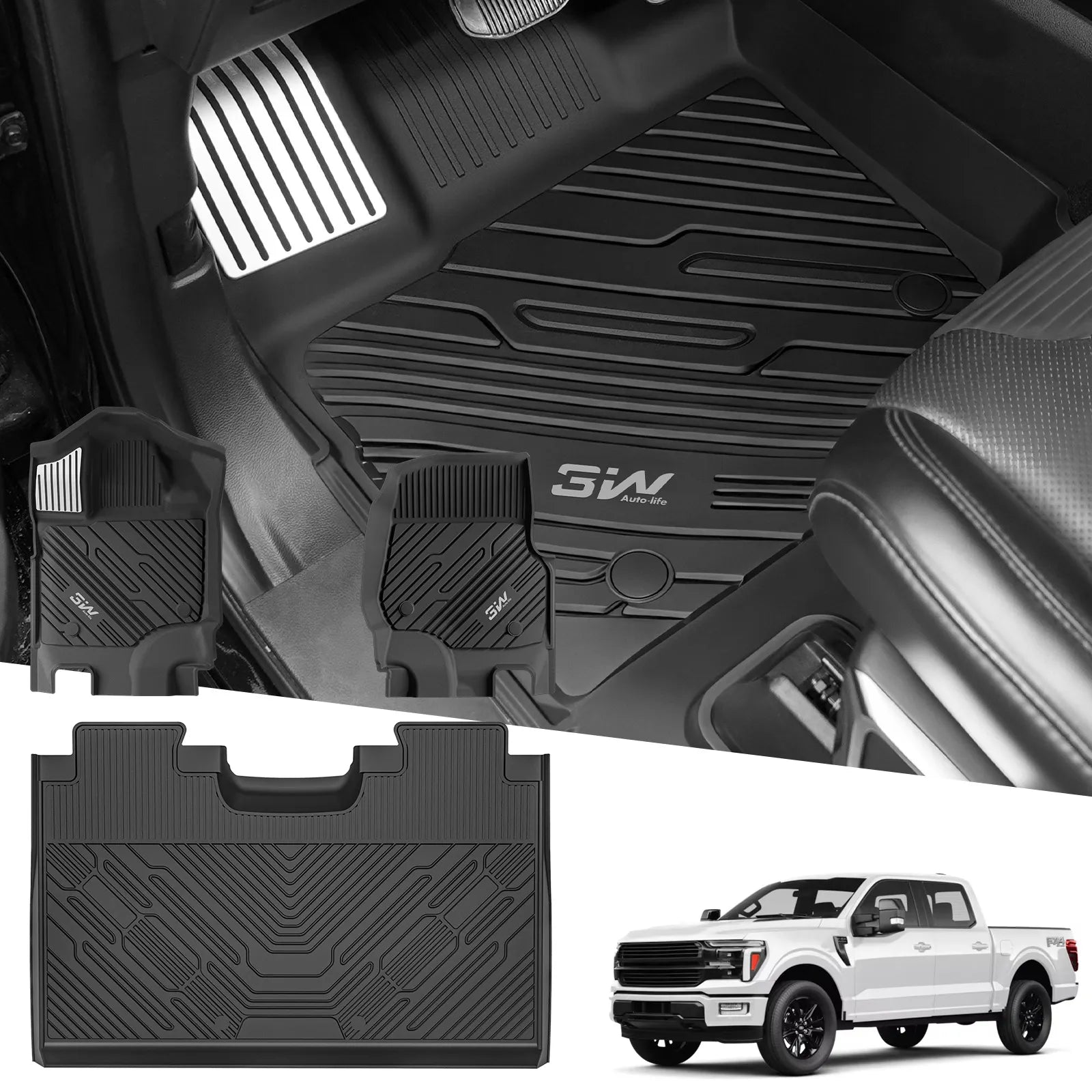 3W Floor Mats (with Metal Pedals) for Ford F-150 2015-2026 & F150 Lightning 2022-2025 SuperCrew (w/o Fold Flat Storage), TPE All Weather Custom Fit, Front & Rear 3PCS | Heavy Duty, Easy Clean - Black