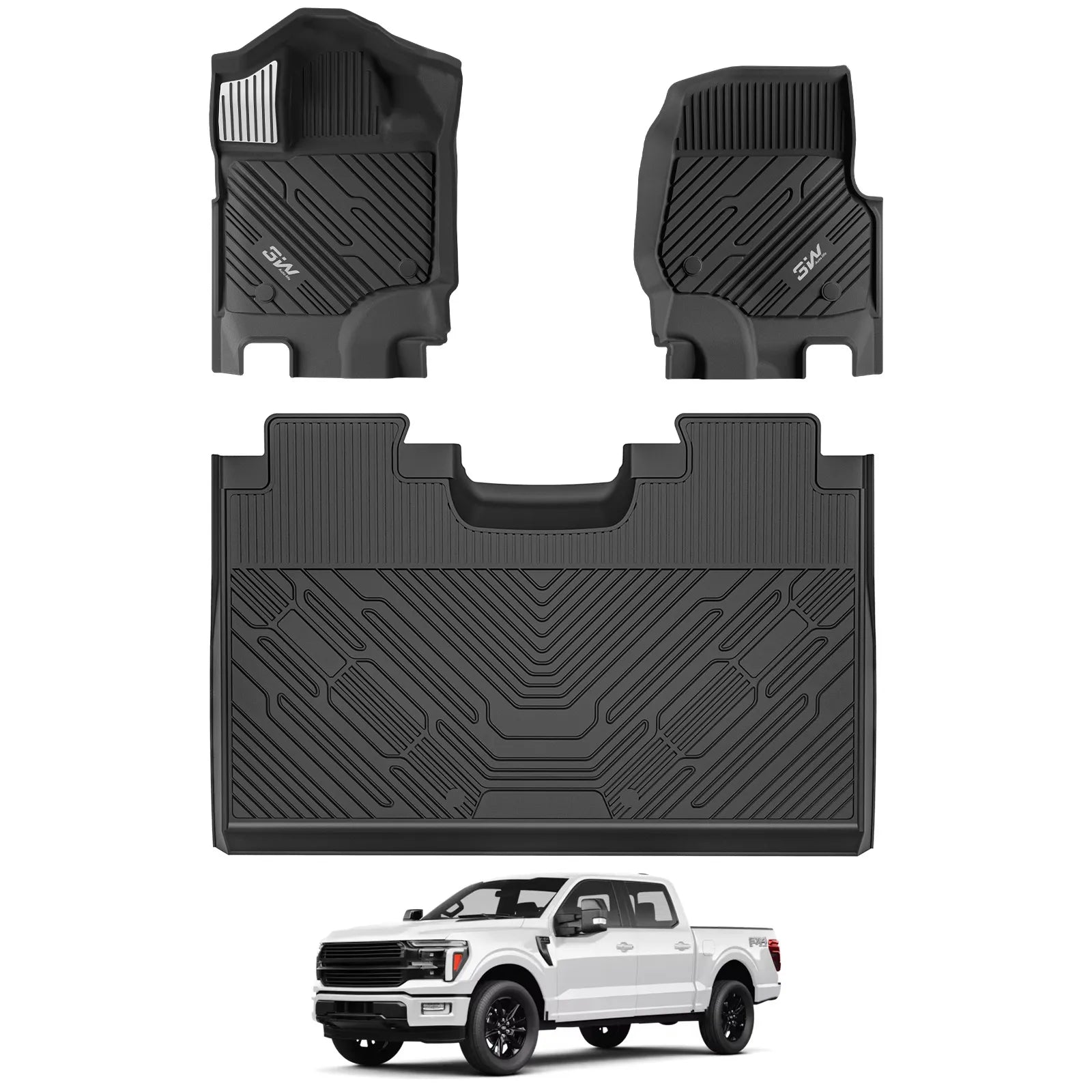 3W Floor Mats (with Metal Pedals) for Ford F-150 2015-2026 & F150 Lightning 2022-2025 SuperCrew (w/o Fold Flat Storage), TPE All Weather Custom Fit, Front & Rear 3PCS | Heavy Duty, Easy Clean - Black