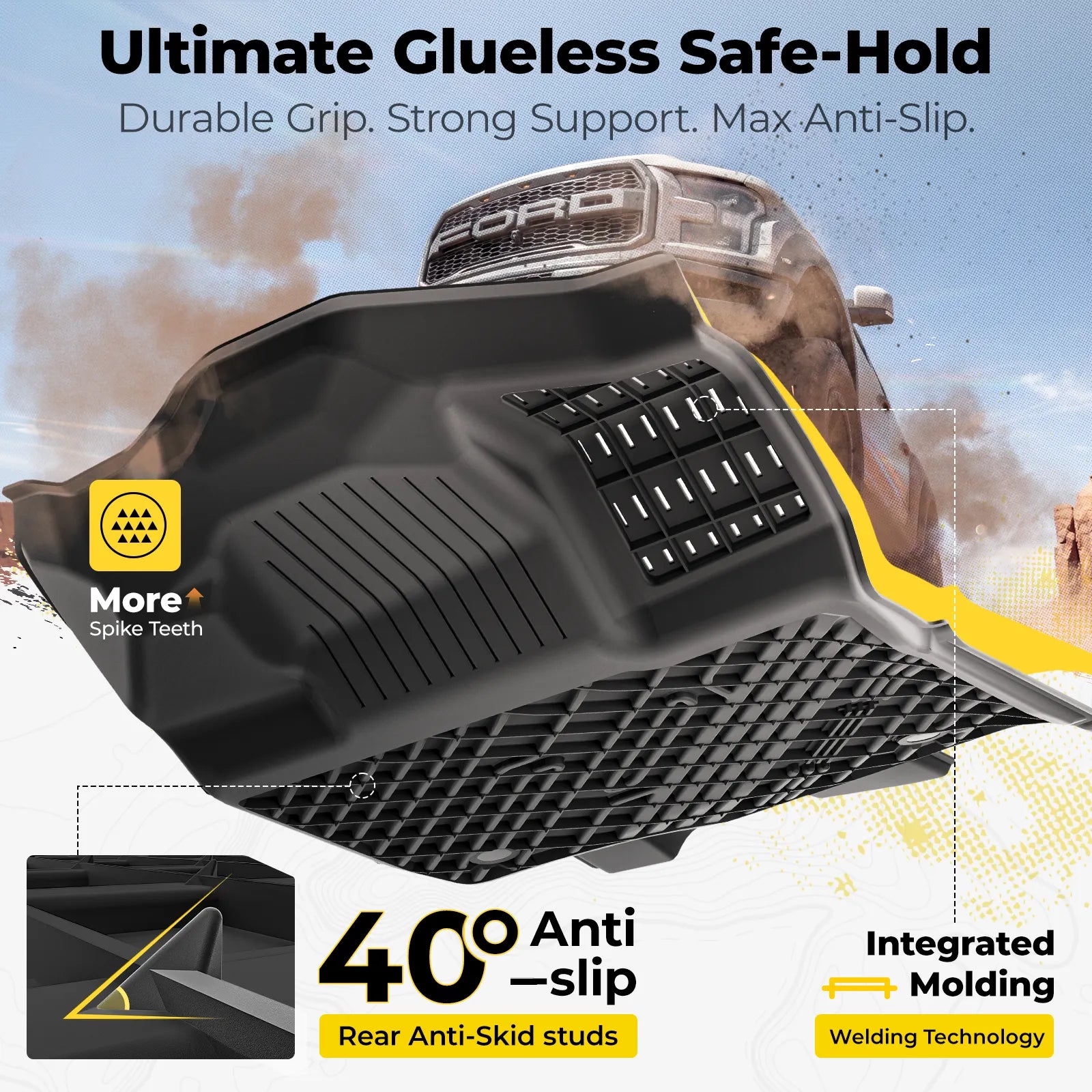 3W Floor Mats (with Metal Pedals) for Ford F-150 2015-2026 & F150 Lightning 2022-2025 SuperCrew (w/o Fold Flat Storage), TPE All Weather Custom Fit, Front & Rear 3PCS | Heavy Duty, Easy Clean - Black