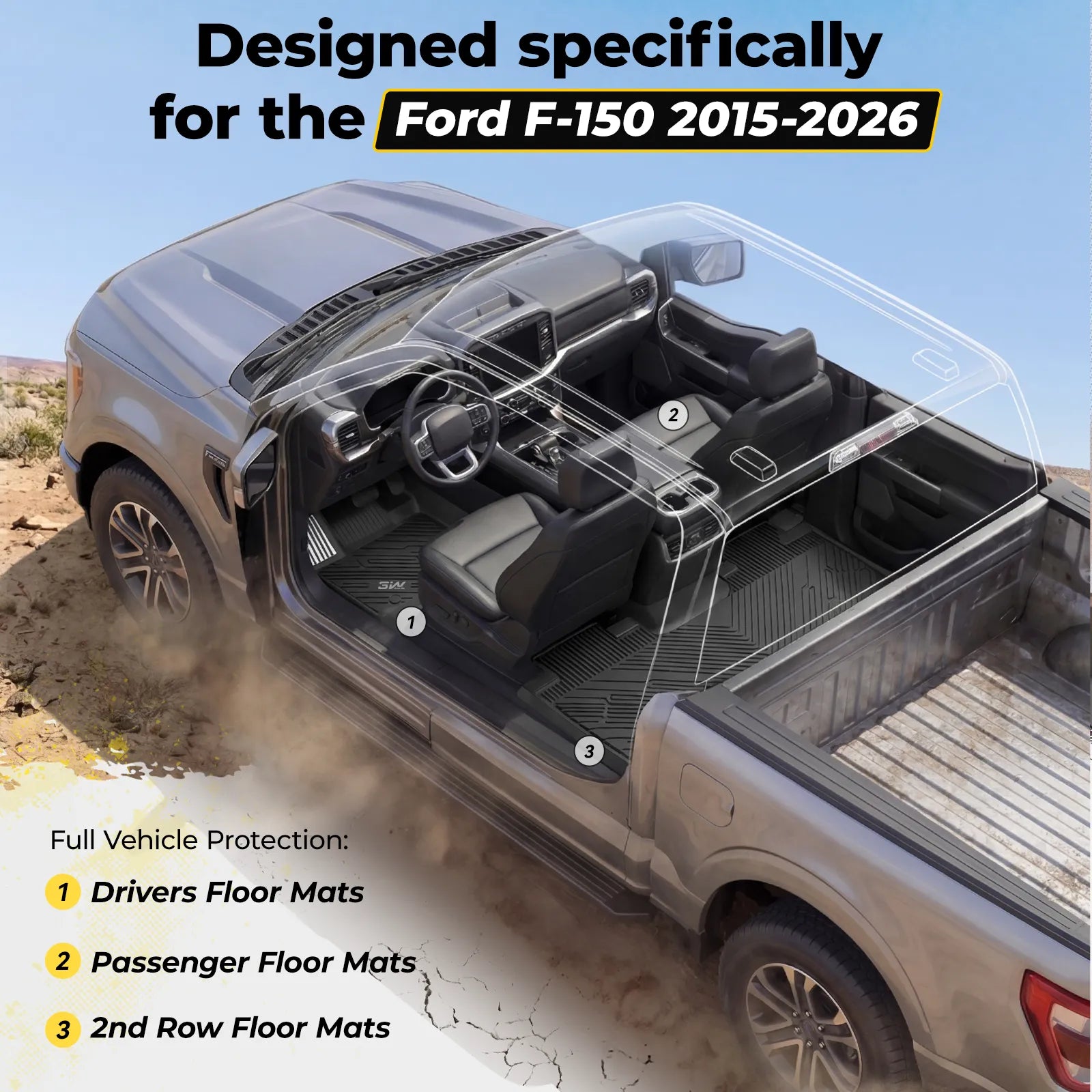 3W Floor Mats (with Metal Pedals) for Ford F-150 2015-2026 & F150 Lightning 2022-2025 SuperCrew (w/o Fold Flat Storage), TPE All Weather Custom Fit, Front & Rear 3PCS | Heavy Duty, Easy Clean - Black