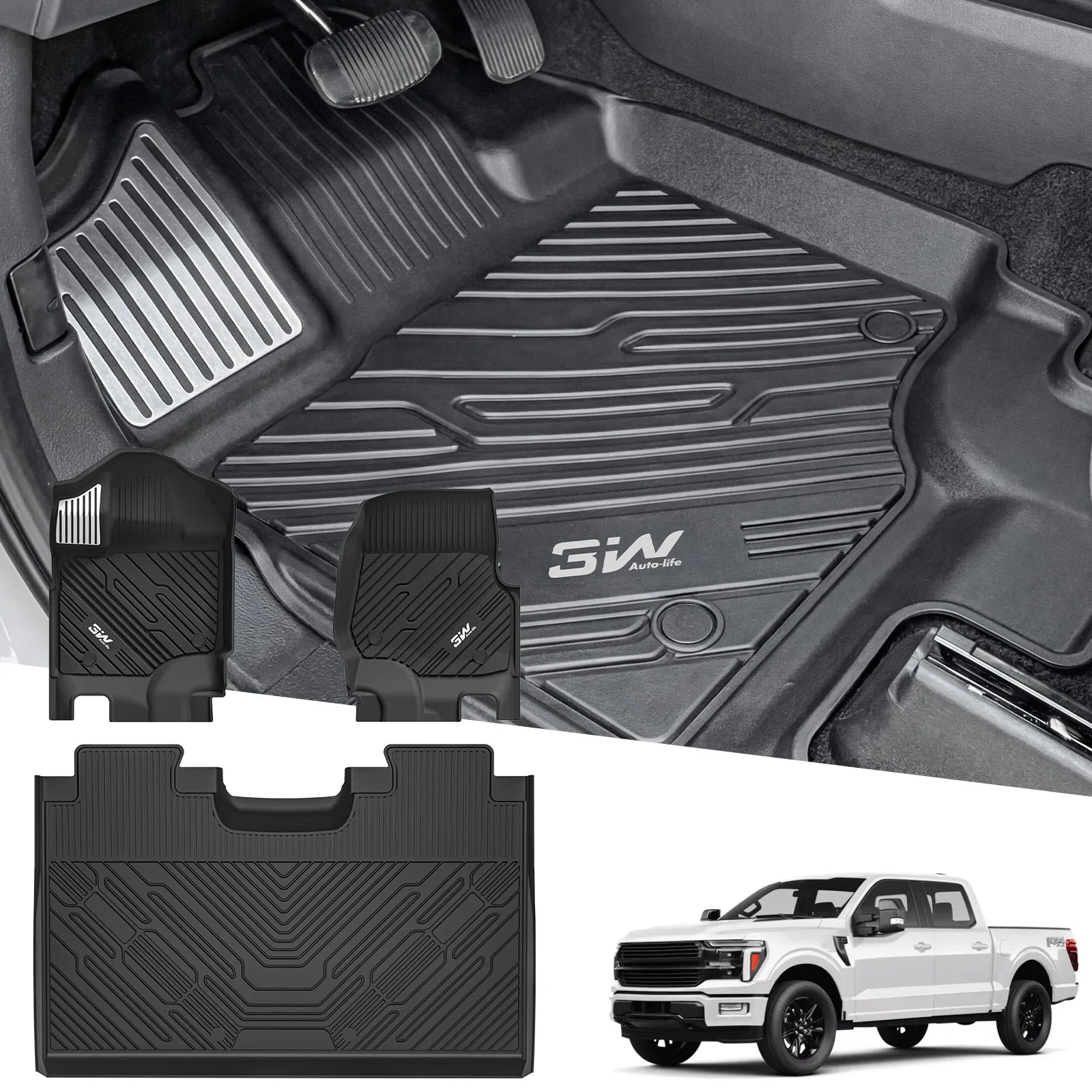 3W Floor Mats (with Metal Pedals) for Ford F-150 2015-2026 & F150 Lightning 2022-2025 SuperCrew (w/o Fold Flat Storage), TPE All Weather Custom Fit, Front & Rear 3PCS | Heavy Duty, Easy Clean - Black