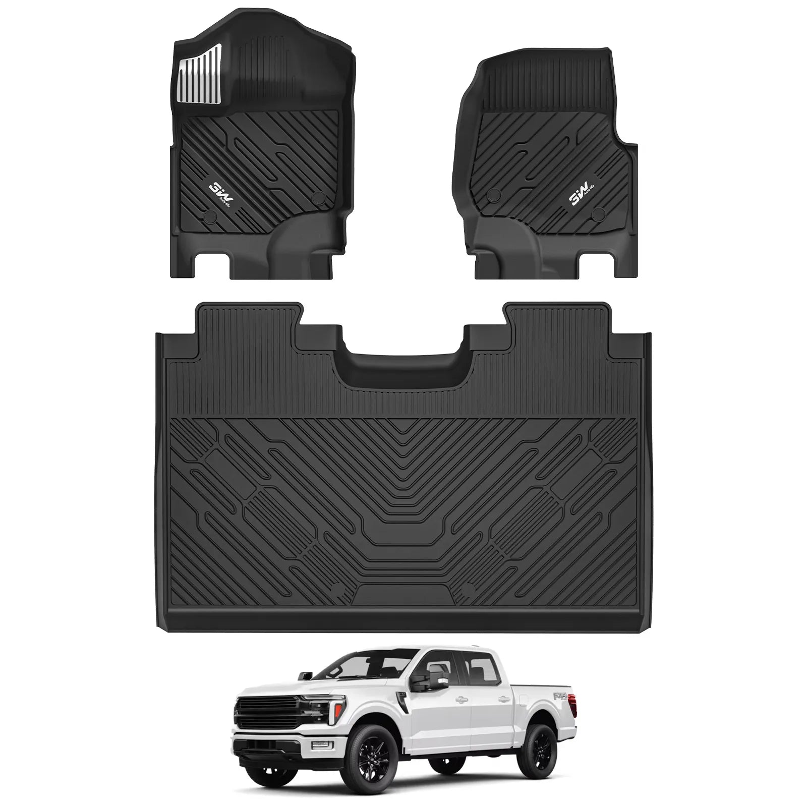 3W Floor Mats (with Metal Pedals) for Ford F-150 2015-2026 & F150 Lightning 2022-2025 SuperCrew (w/o Fold Flat Storage), TPE All Weather Custom Fit, Front & Rear 3PCS | Heavy Duty, Easy Clean - Black