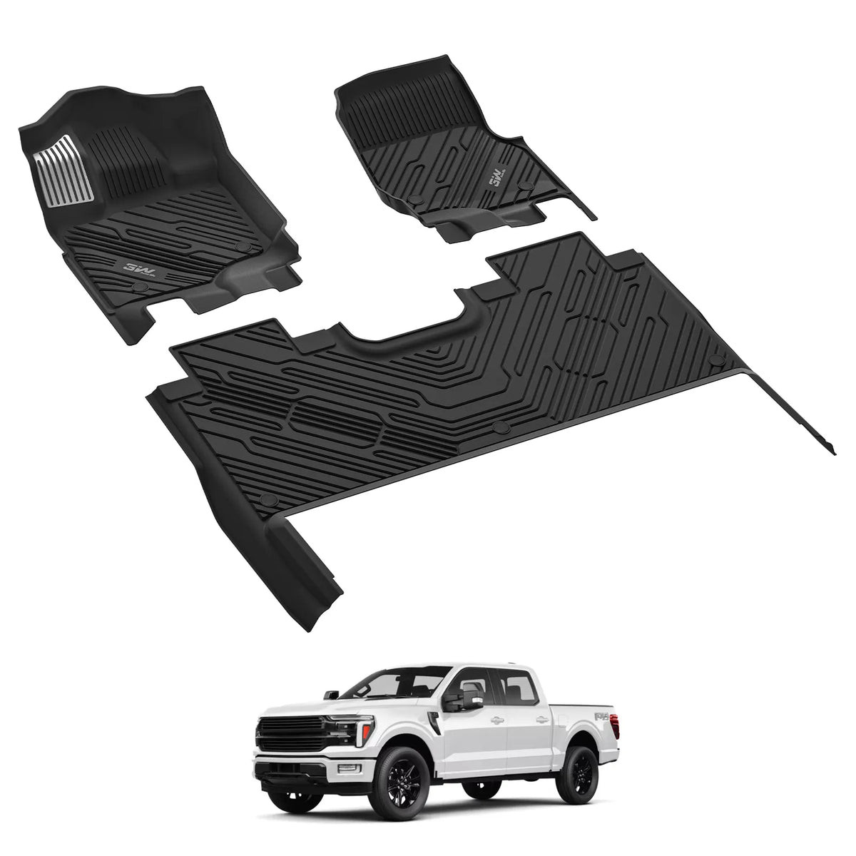 3W Floor Mats (with Metal Pedals) for Ford F-150 2015-2026 & F150 Lightning 2022-2025 SuperCrew (with Fold Flat Storage), TPE All Weather Custom Fit, Front & Rear 3PCS | Heavy Duty, Easy Clean - Black