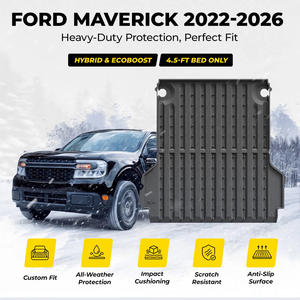 3W Truck Bed Mat Compatible with 2022-2026 Ford Maverick Gas & Hybrid Car Accessories Vehicle Perfectly Flush All Weather Protection TPE Heavy Duty Pickup Car Bed Cargo Mat