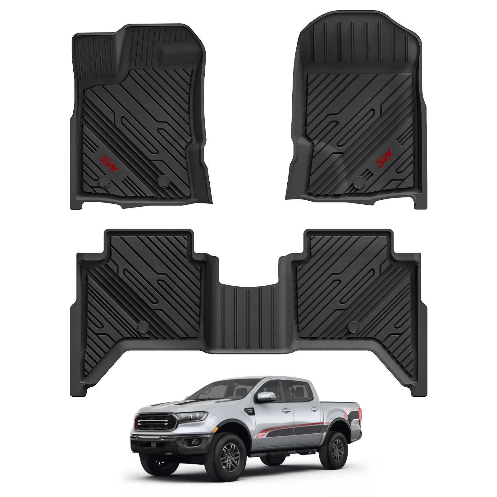 3W Floor Mats Fit for Ford Ranger 2019 2020 2021 2022 2023, TPE All Weather Floor Liner for Ford Ranger Super Crew Cab,1st & 2nd Row Full Set Custom Fit Car Mats Accessories