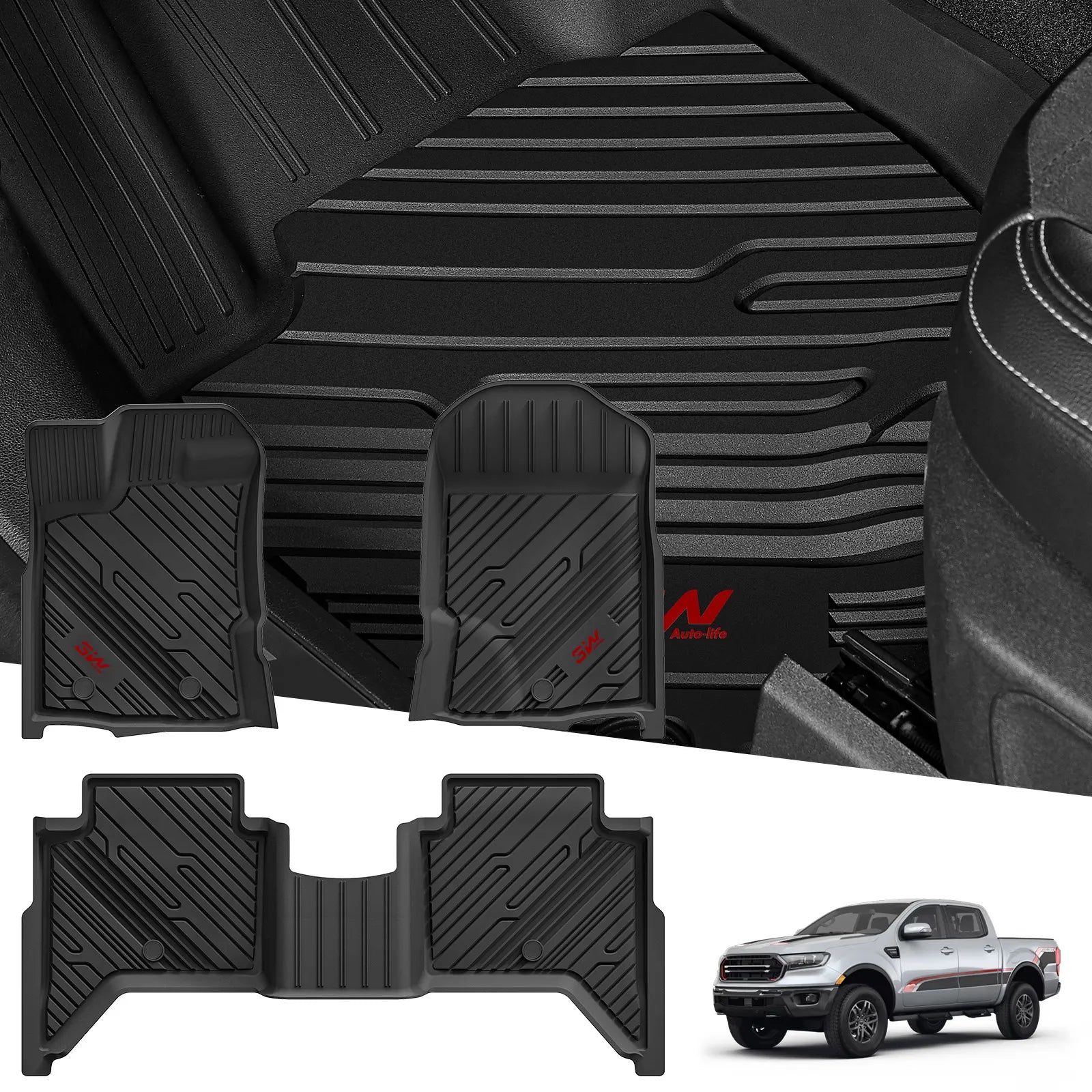 3W Floor Mats Fit for Ford Ranger 2019 2020 2021 2022 2023, TPE All Weather Floor Liner for Ford Ranger Super Crew Cab,1st & 2nd Row Full Set Custom Fit Car Mats Accessories