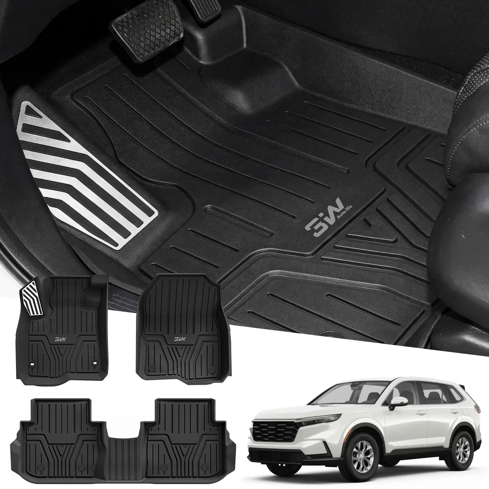 3W Floor Mats Fit for Honda CR-V 2023 2024 2025 2026 (Include Hybrid), All Weather TPE Custom Fit Floor Liner 1st, 2nd Row Car Mats Black Car Accessories