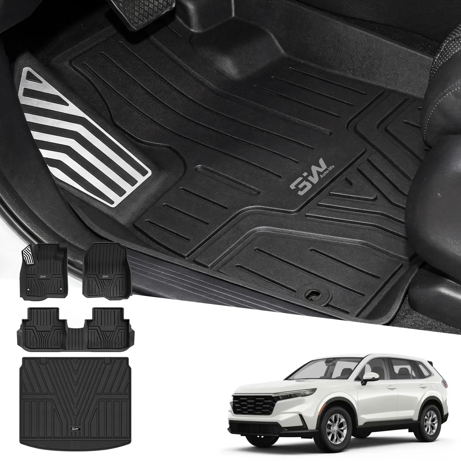 3W Floor Mats & Cargo Liner Fit for Honda CR-V 2023 2024 2025 2026 (Include Hybrid), All Weather TPE Custom Fit Floor Liner 1st, 2nd Row and Trunk (Upper Positon) Full Set Car Mats Black Car Accessories