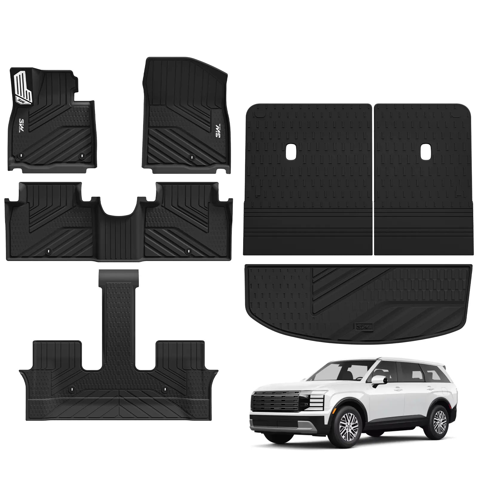 3W Floor Mats & Backrest Mats & Cargo Mats for Hyundai Palisade 2026 7/8 Passenger(Only Fit Gas), All Weather TPE Interior Protector Floor Liner, Custom Fit Full Set Car Mats Accessories, Black