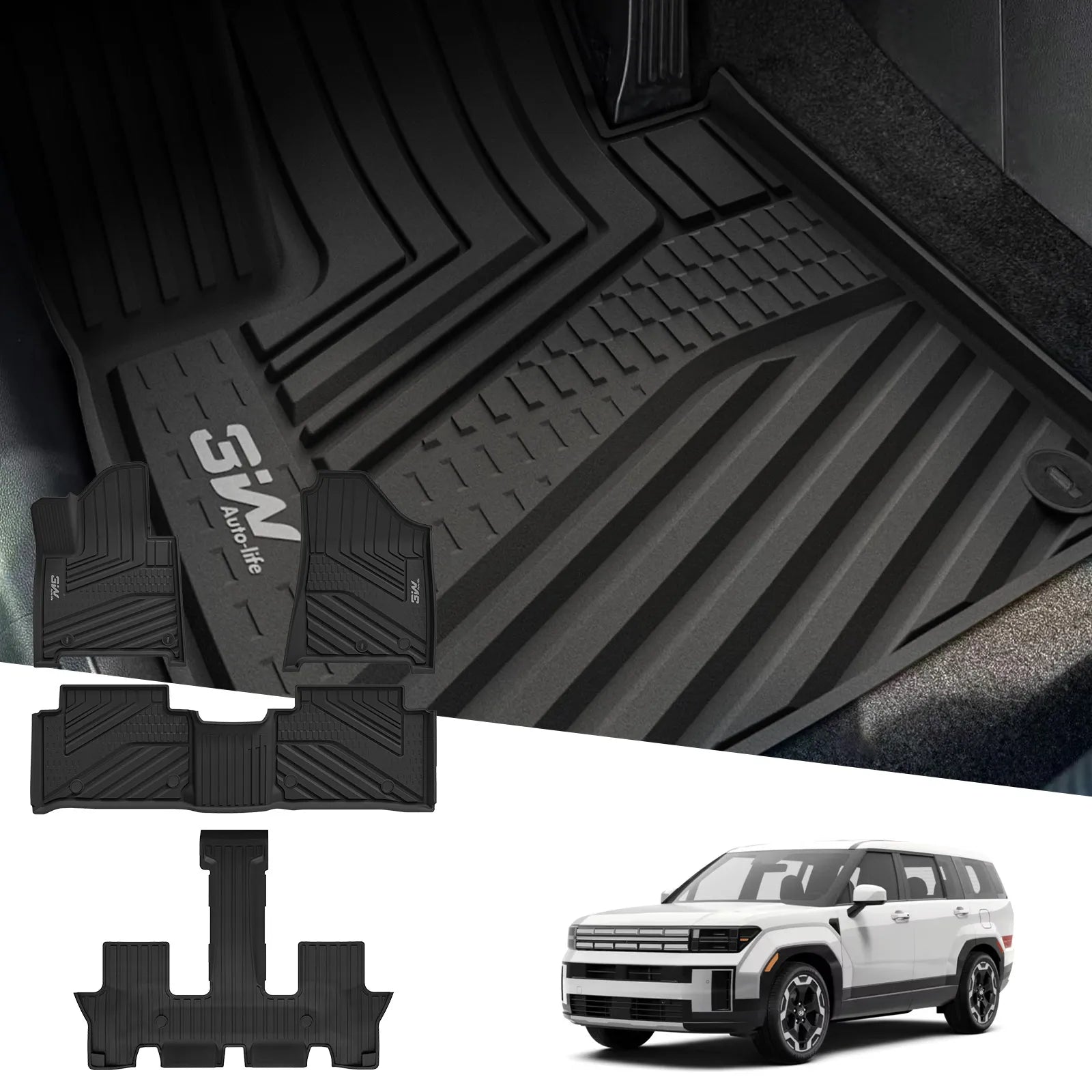 3W Floor Mats Fit for 2024 2025 Hyundai Santa Fe (Not for Hybrid) Only 6 Seats, TPE All Weather Floor Liner Heavy Duty Car Accessories, Anti-Slip 1st & 2nd Rows Floor Liners, Black