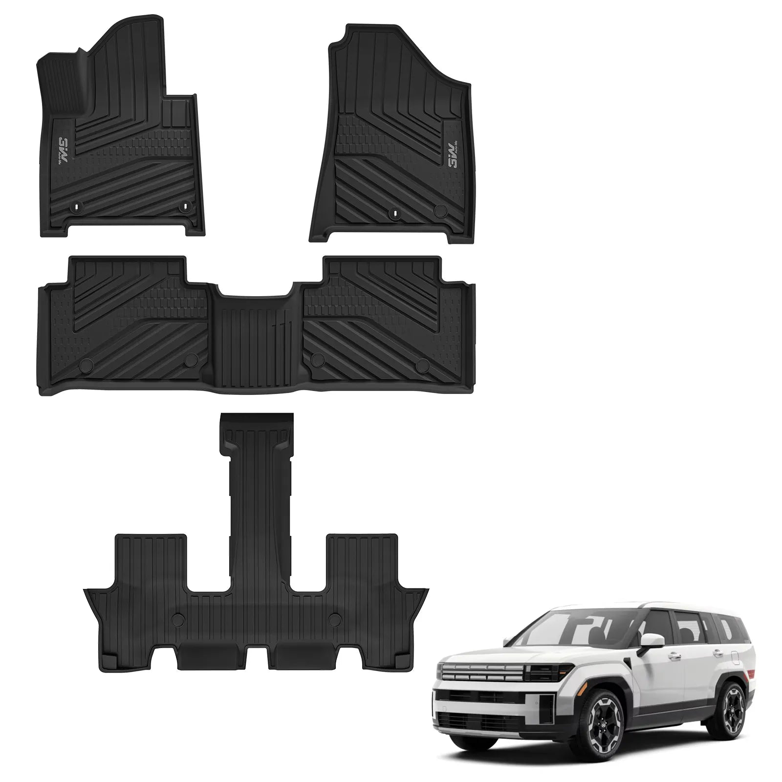 3W Floor Mats Fit for 2024 2025 Hyundai Santa Fe (Not for Hybrid) Only 6 Seats, TPE All Weather Floor Liner Heavy Duty Car Accessories, Anti-Slip 1st & 2nd Rows Floor Liners, Black