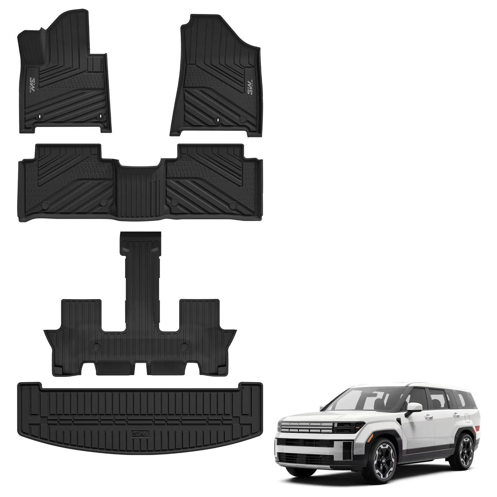 3W Floor Mats & Cargo Liner Fit for 2024 2025 Hyundai Santa Fe (Not for Hybrid) Only 6 Seats, TPE All Weather Floor Liner Heavy Duty Car Accessories, Anti-Slip Full Set Floor Liner,Black