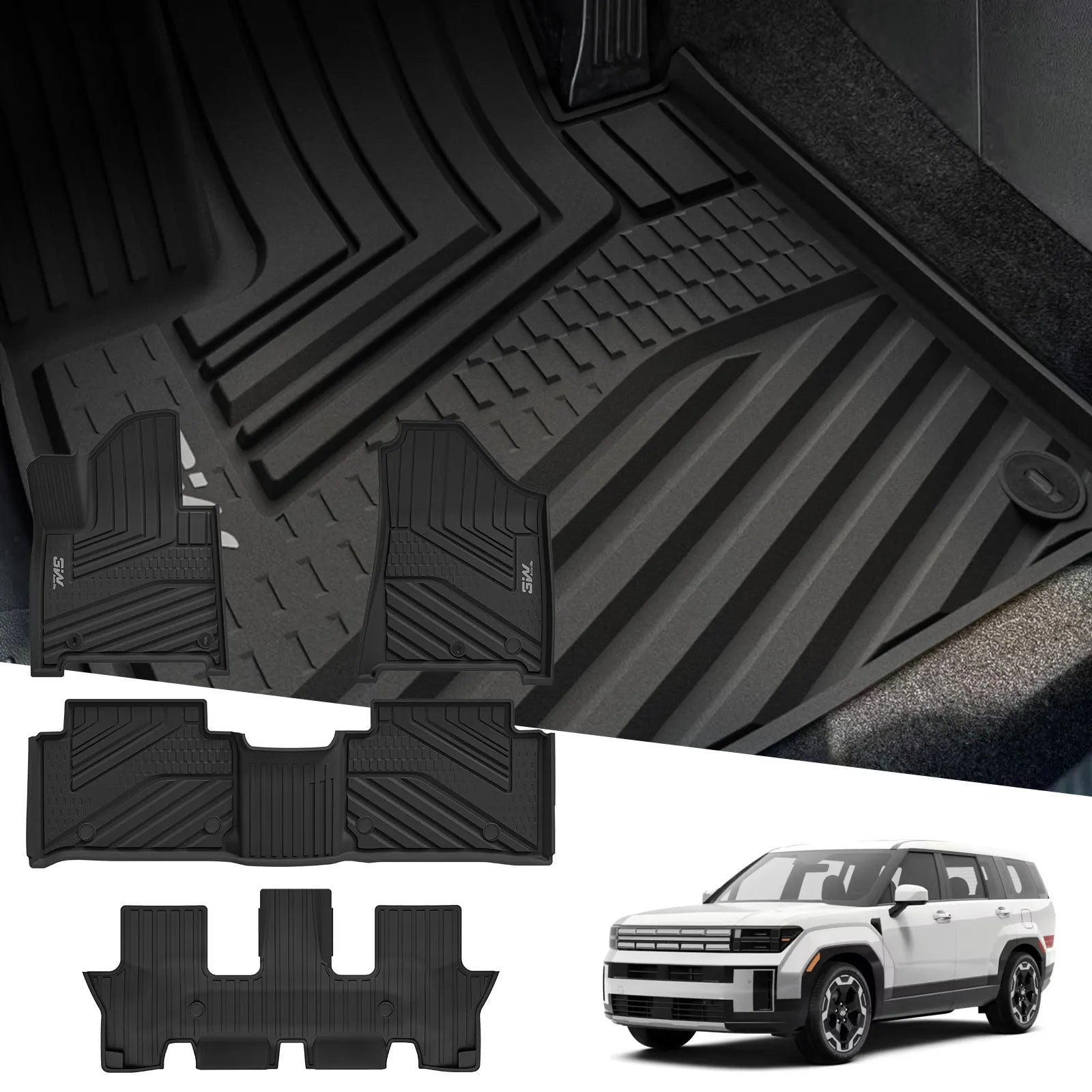 3W Floor Mats Fit for 2024 2025 Hyundai Santa Fe (Not for Hybrid) Only 7 Seats, TPE All Weather Floor Liner Heavy Duty Car Accessories, Anti-Slip 1st & 2nd Rows Floor Liners, Black