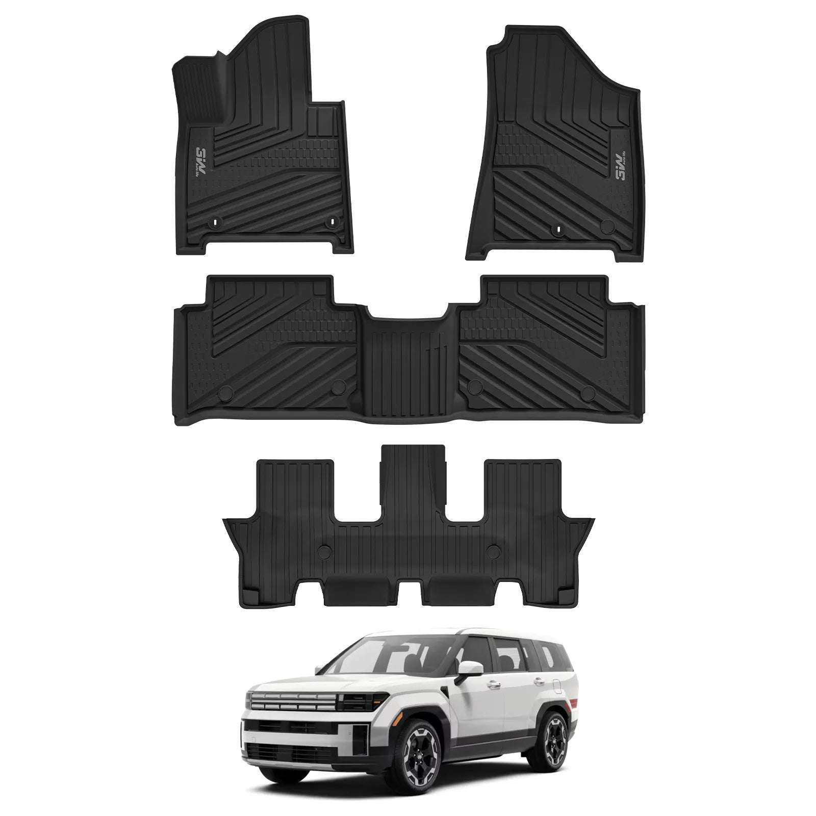 3W Floor Mats Fit for 2024 2025 Hyundai Santa Fe (Not for Hybrid) Only 7 Seats, TPE All Weather Floor Liner Heavy Duty Car Accessories, Anti-Slip 1st & 2nd Rows Floor Liners, Black