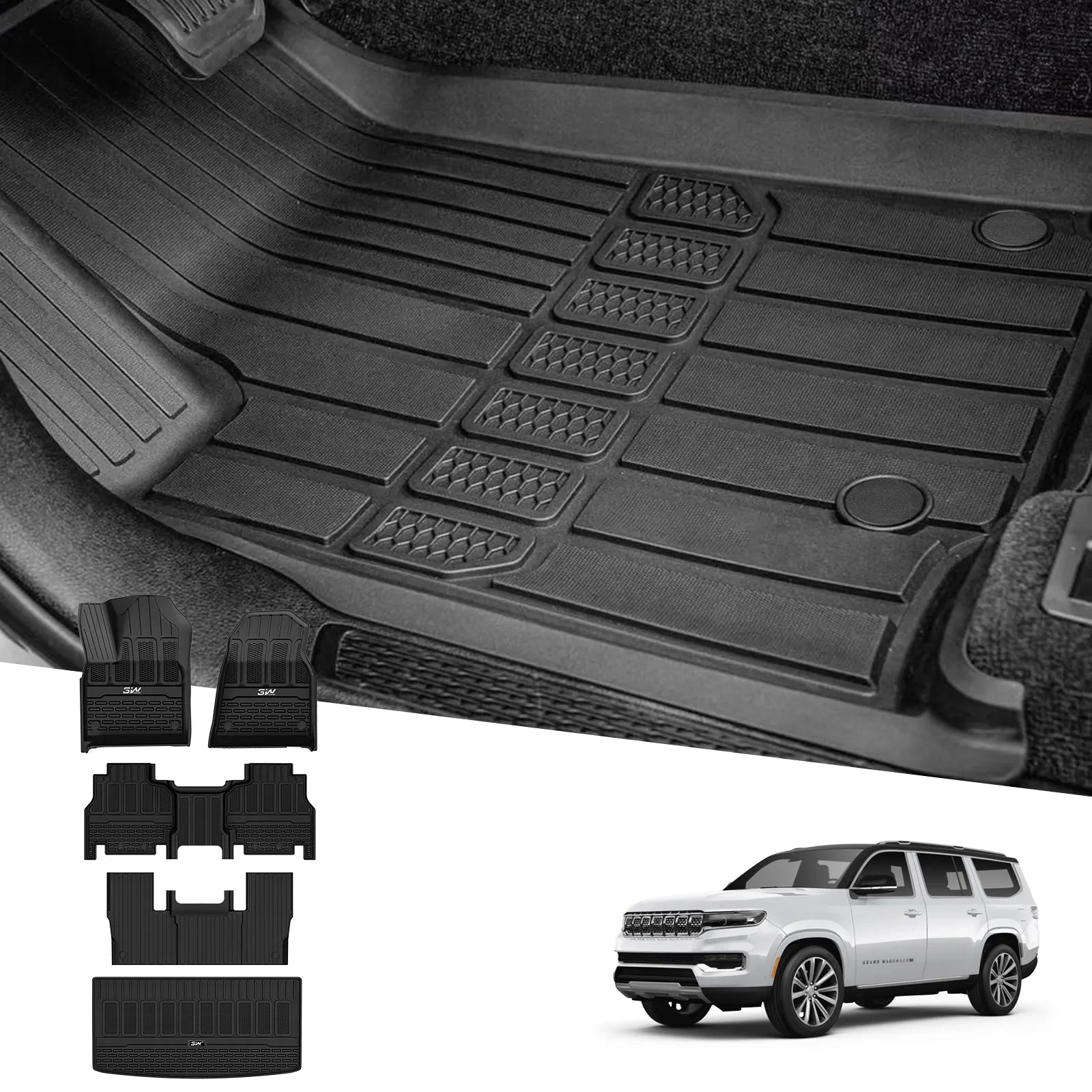 3W Floor Mats & Cargo Liner Fit for Jeep Grand Wagoneer 2022-2025 2026 7 seat, TPE Custom Fit Wagoneer Floor Liner for 1-3 Rows and Trunk Mats Full Set Car Accessories