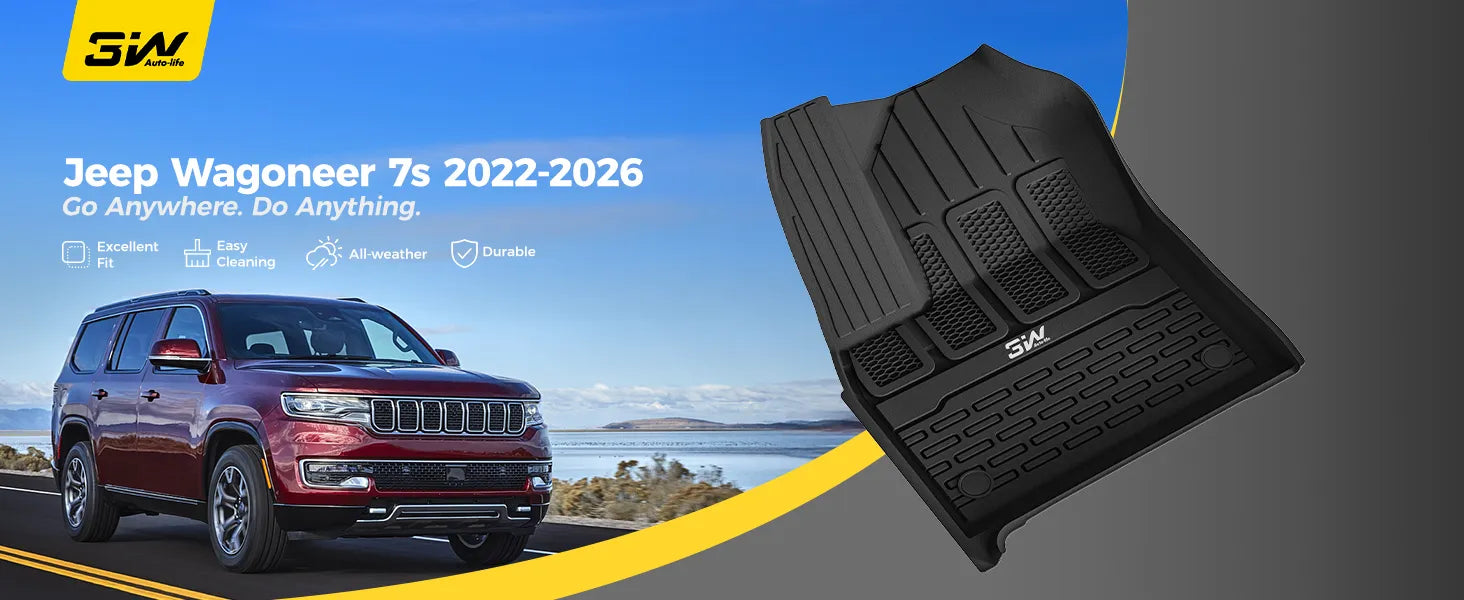3W Floor Mats & Cargo Liner for Jeep Wagoneer 2022-2026 7-Seat (NOT for 8-Seat/L/S)， with 2nd Row Bench Seat All Weather Protection TPE Full Set Automotive Mat Car Floor Liners Accessories, Black