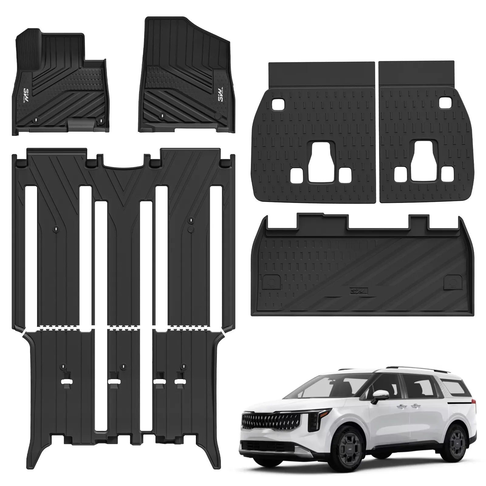 3W Floor Mats & Seat Back Protector & Cargo Liner for Kia Carnival Hybrid 2025 2026（Only Fit 8 Seats）,Custom Fit All Weather TPE Full Set Floor Liner Trunk Mat with Seat Back Protector Accessoires, Black