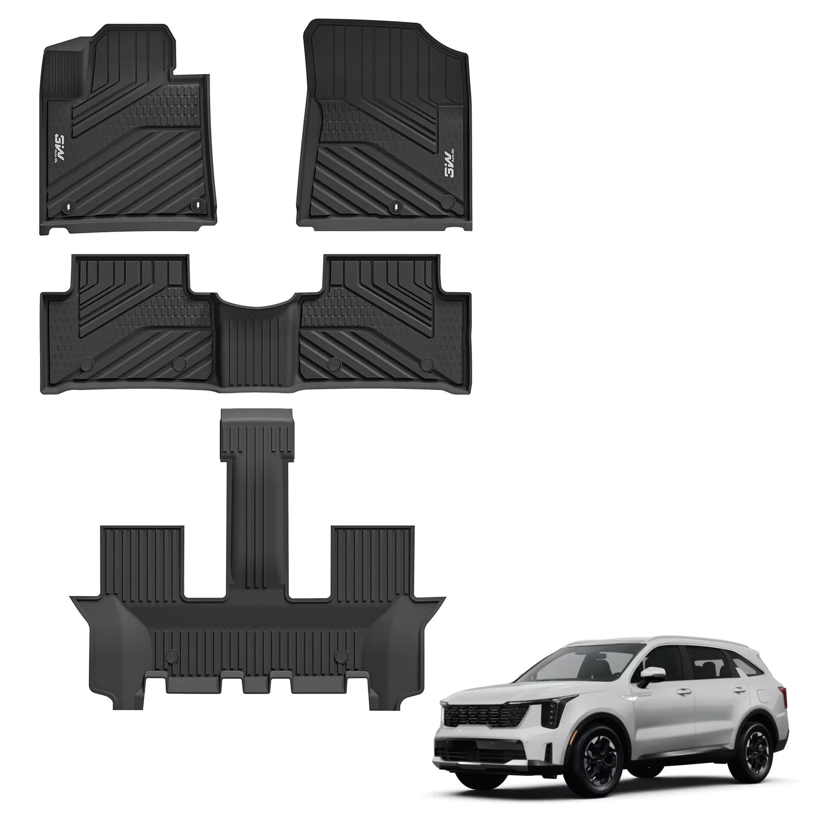 3W Floor Mats Compatible with Kia Sorento 6/7 Seats 2021-2024 2025 (Not Fit for Hybrid & PHEV), TPE All Weather Protection Floor Mats Custom Fit 3 Rows Car Floor Liners Set Car Mats Acessoires, Black